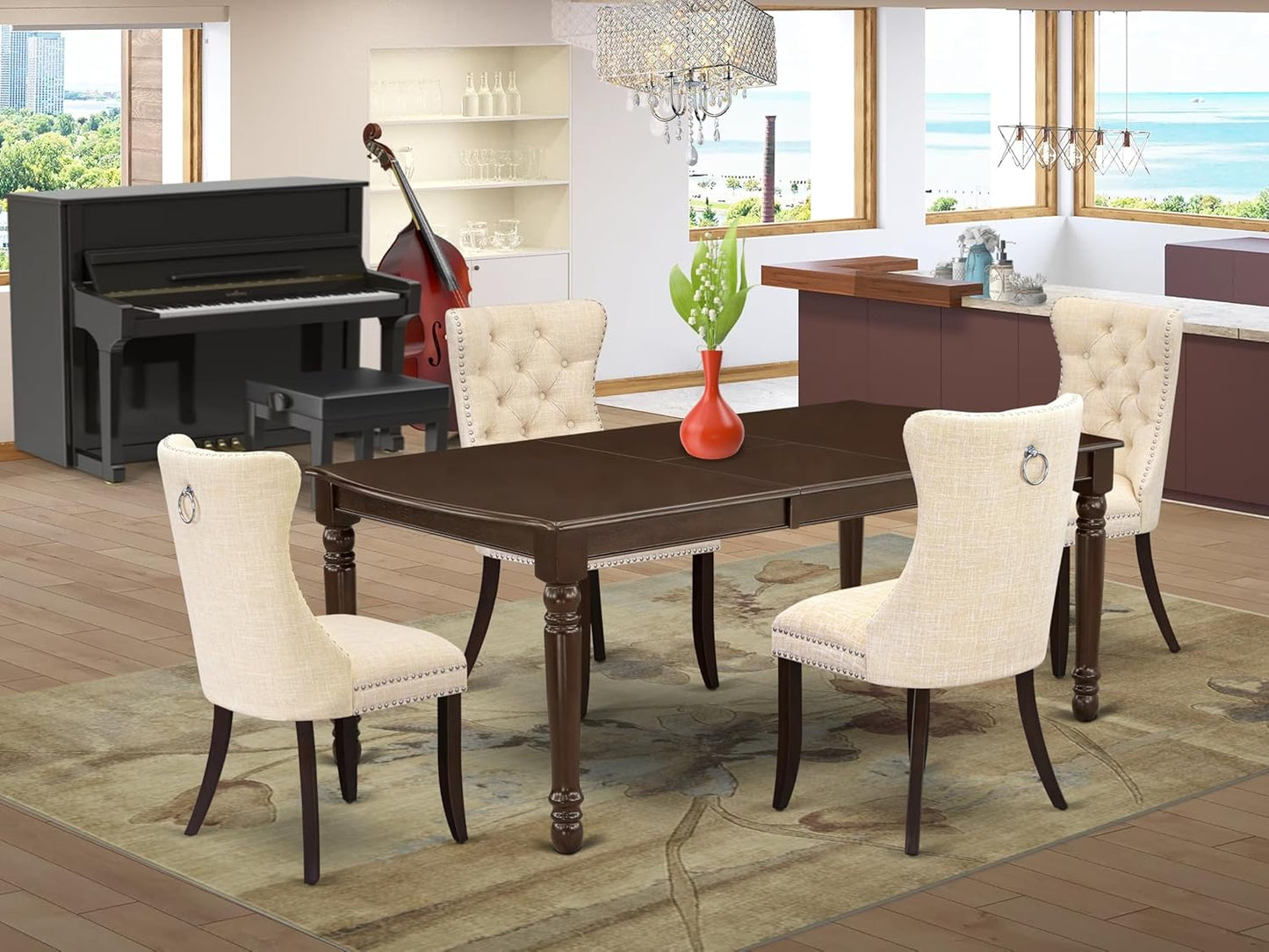 East West Furniture DODA5-MAH-32 5 Piece Kitchen Table Set Consists of a Rectangle Dining Table with Butterfly Leaf and 4 Polyester Fabric Padded Chairs, 42x78 Inch, Mahogany