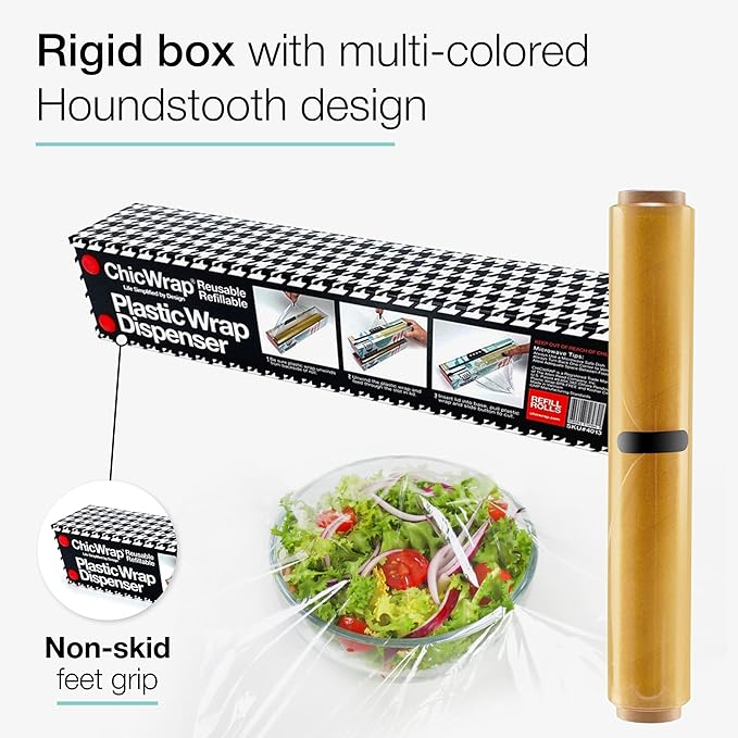 Chicwrap Houndstooth Refillable Plastic Wrap Dispenser - One 12" x 250' Roll of Professional Grade Plastic Wrap - BPA Free and Kosher Certified - Reusable Dispenser w/Slide Cutter
