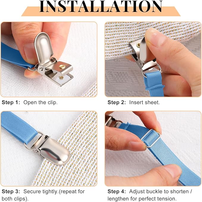 Boao 12 Pcs Bed Sheet Clips Straps Sheet Corner Straps Holder Adjustable Mattress Clips, Elastic Bed Grippers Suspender Fasteners Holder for Home(Sky Blue,4-8 Inch Length)
