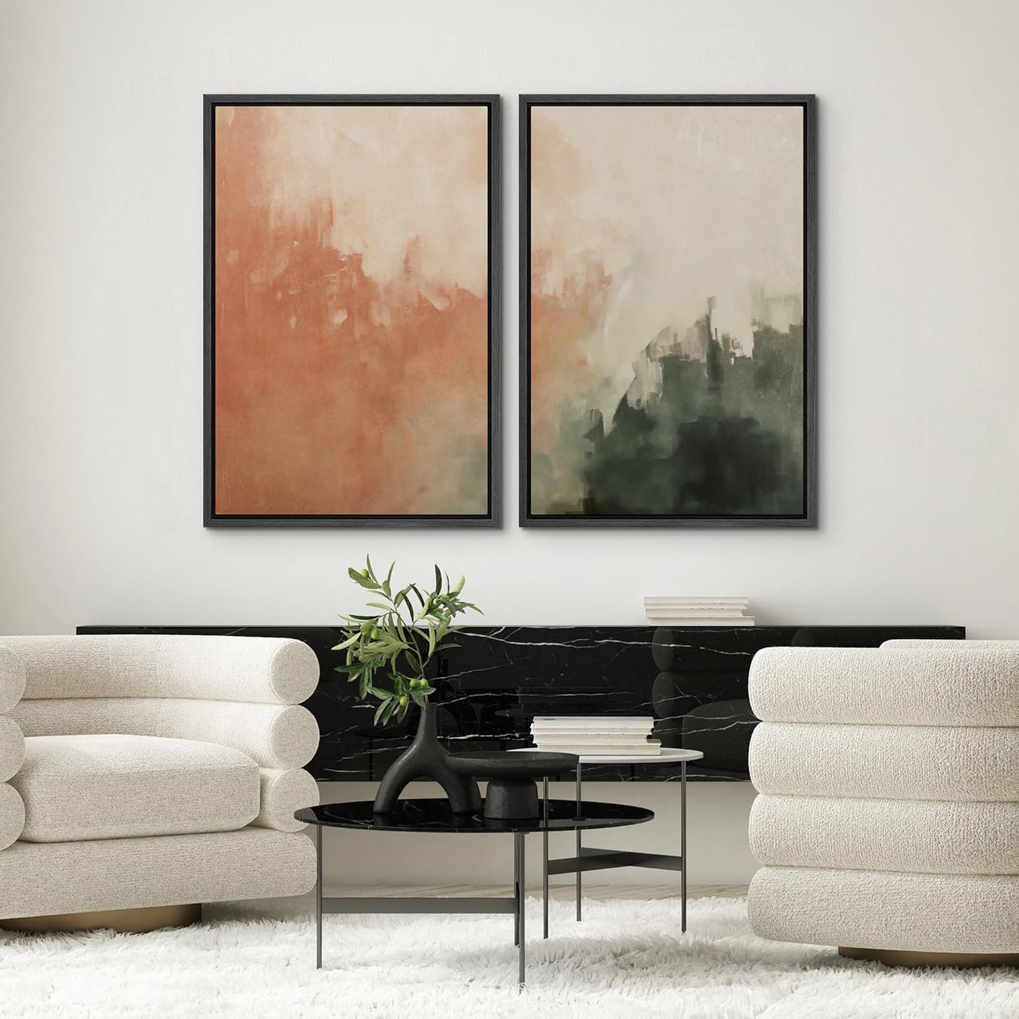 SIGNWIN Framed Canvas Print Wall Art Set Color Fade Abstract Landscape Earthy Terracotta and Forest Green Illustrations Modern Minimal Decorative for Living Room, Bedroom, Office - 24"x36"x2 Black