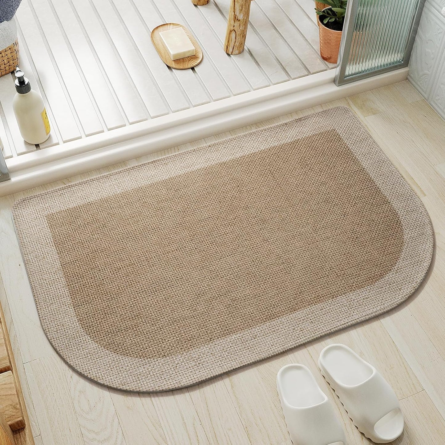 Bathroom Rugs Mat 20x31, Ultra Thin Non Slip Bath Mats for Bathtub Quick Dry Absorbent Rubber Bathroom Mat Fit Under Door, Woven Washable Half Round Bath Rugs Floor, Beige Brown
