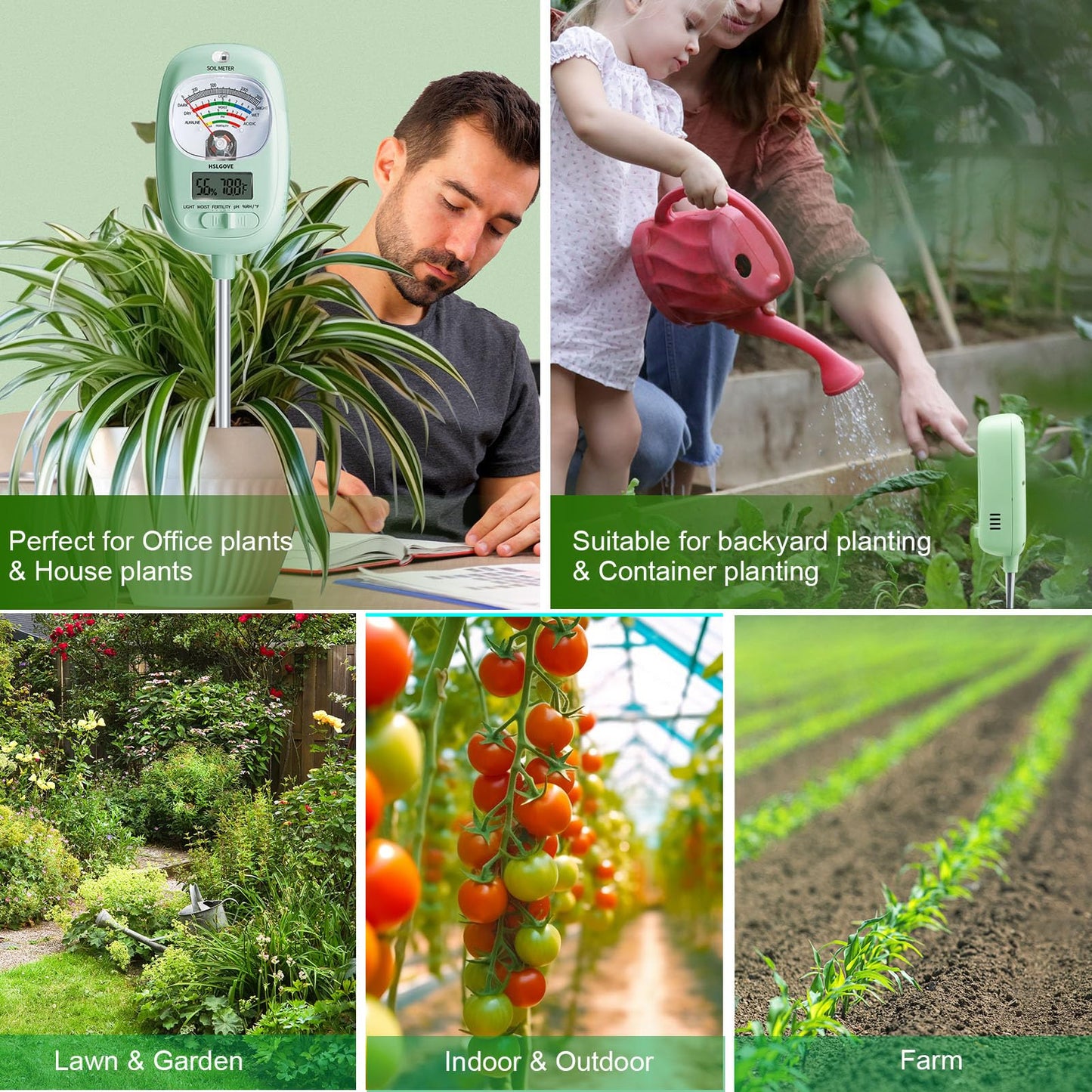 HSLGOVE Soil Test Kit, 7-in-One Soil Moisture Meter/Soil PH Meter/Fertility, Dual Screen Soil Tester w/Digital Soil Temp/Air Temp&Humidity for Plants Gardening,Lawn,Farm Indoor&Outdoor-AppleGreen