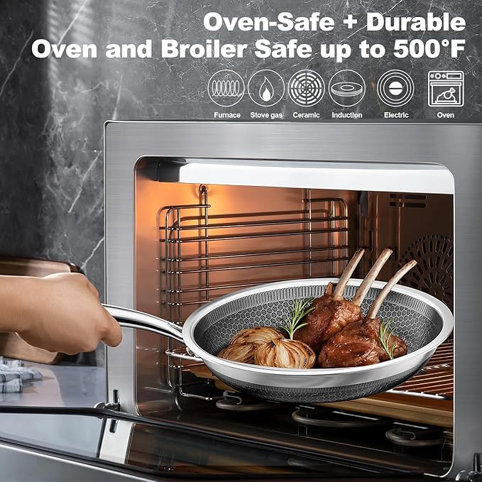 FogDream 3 Pcs Non Stick Frying Pans without Lids, 8, 10 & 12 Inch Stainless Steel Skillets, Tri-Ply Stainless Steel for All Cooktops, Dishwasher & Oven-Safe Cooking Pan, Stay-Cool Handle, Silver