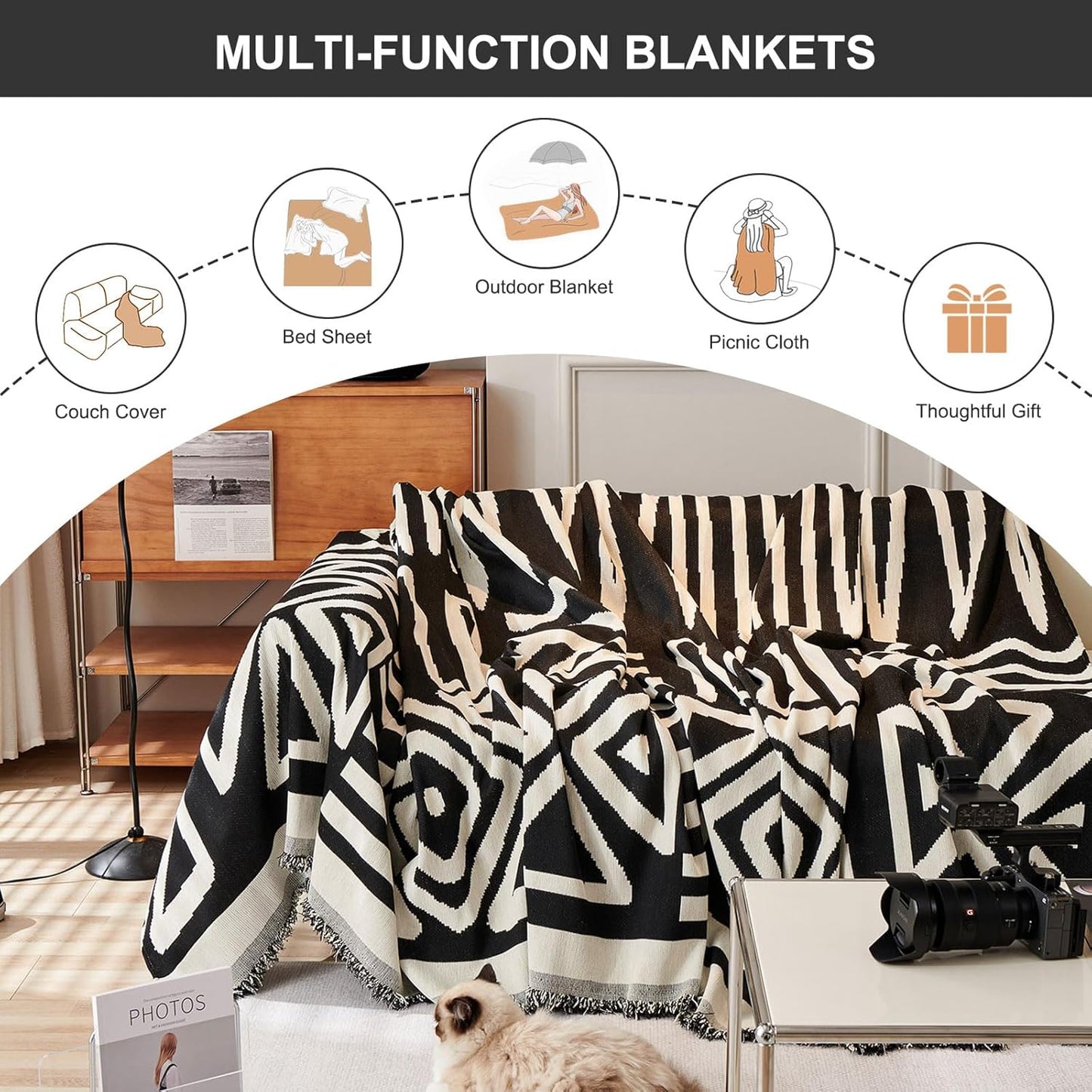 STACYPIK Durable Boho Couch Cover for Dog Anti-Scratch Black White Triangle Sofa Cover for 2 Cushion Couch Anti Slip L Shaped Couch Cover Reversible Loveseat Covers Multi-Use Sofa Throw Cover-91X118IN