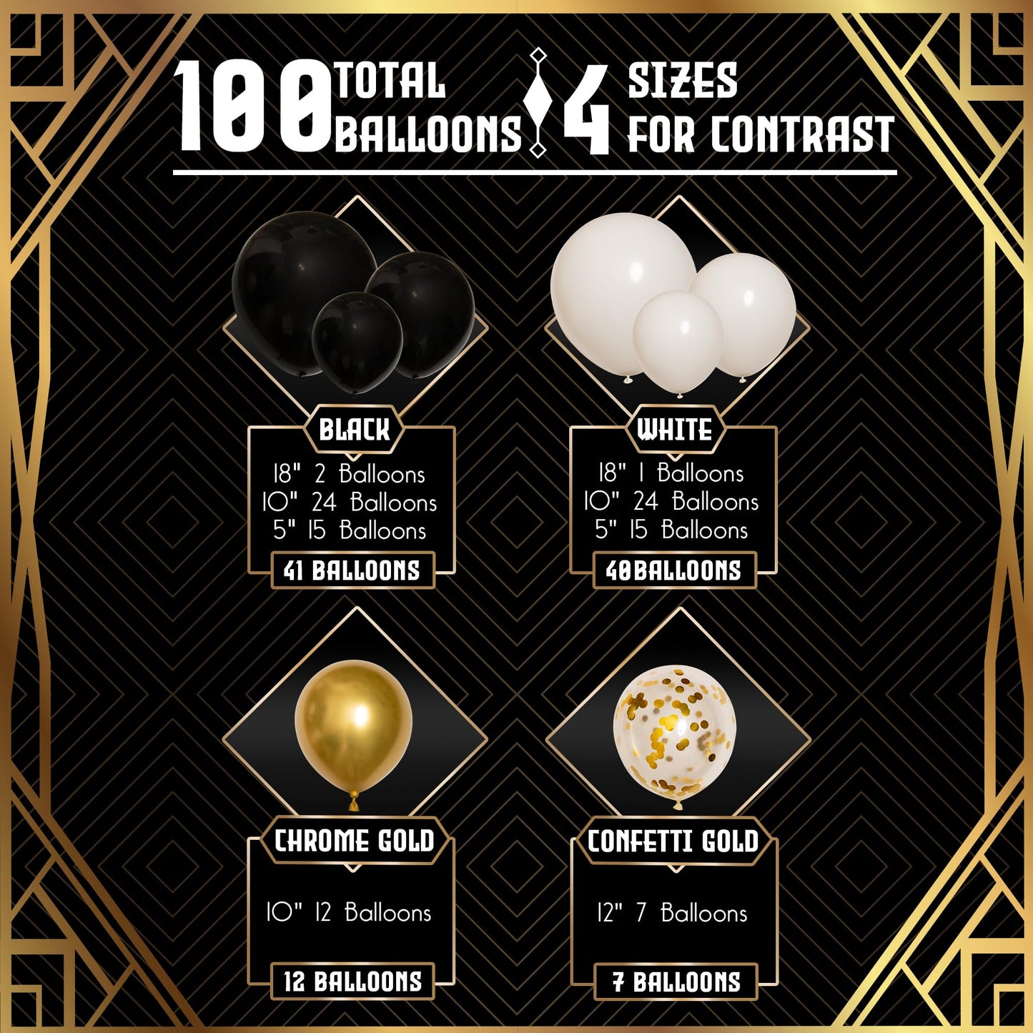 ALL-IN-1 Black White Gold Balloons Garland Kit & Arch – Small and Large Black White and Gold Balloons with Confetti – Black and Gold Party Decorations for Graduations, New Years, Birthday