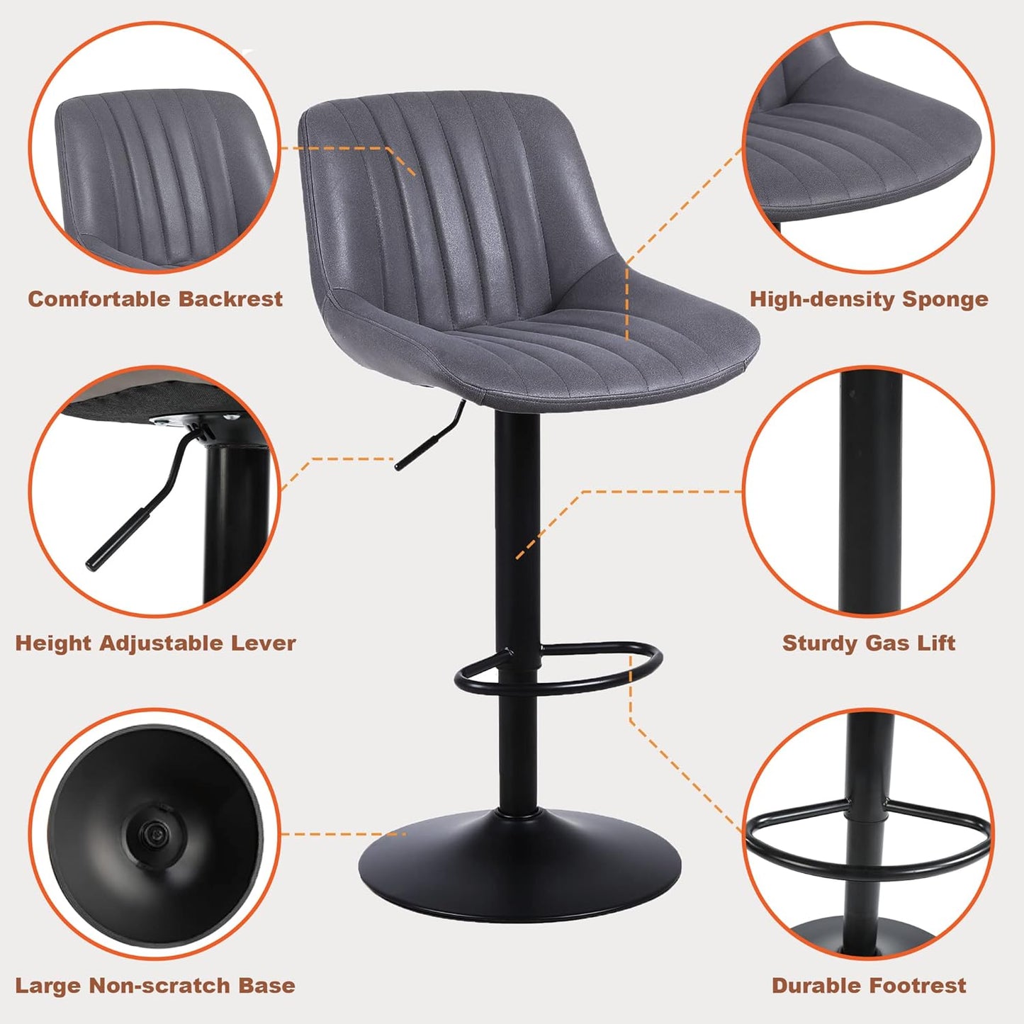 Bar Stools Set of 3, Swivel Counter Height Barstools with Back, Adjustable PU Leather Bar Chairs, Modern Armless Kitchen Island Stool, Dark Grey