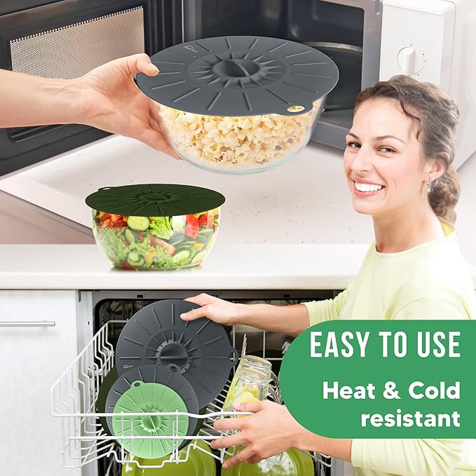 Silicone Lids for Food Storage - 5 Pack - 3 Sizes - Food Grade - Reusable Silicone Bowl Covers for Pots and Pans - Microwave Splatter Cover - Fits Cups, Plates,-Stove, Oven, Fridge, Dishwasher Safe