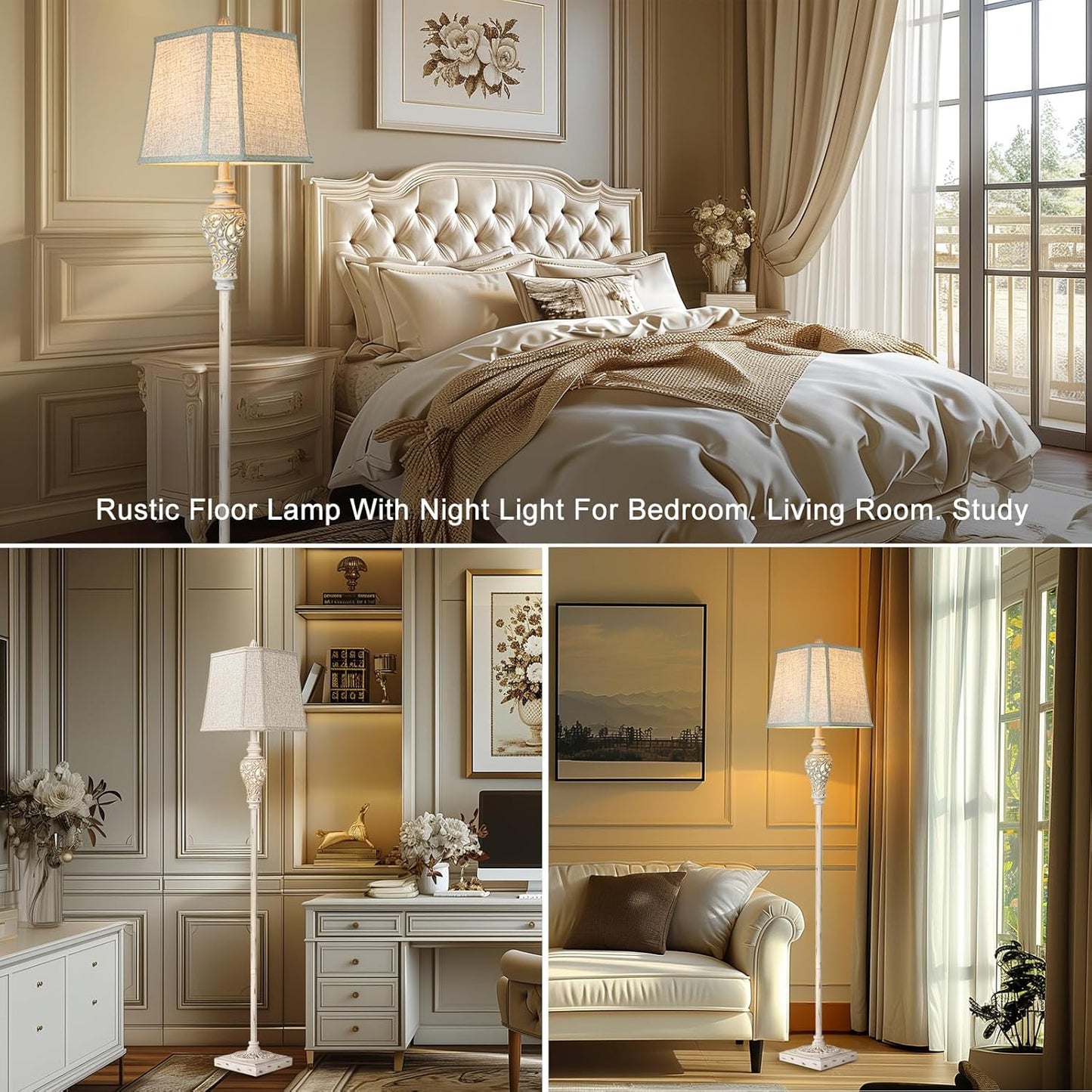 Rustic Floor Lamp 65'' Tall with Nightlight Cut Corner Linen Fabric Shade Vintage Standing Lamp for Living Room, Bedroom, Office, House (Bulb Included)