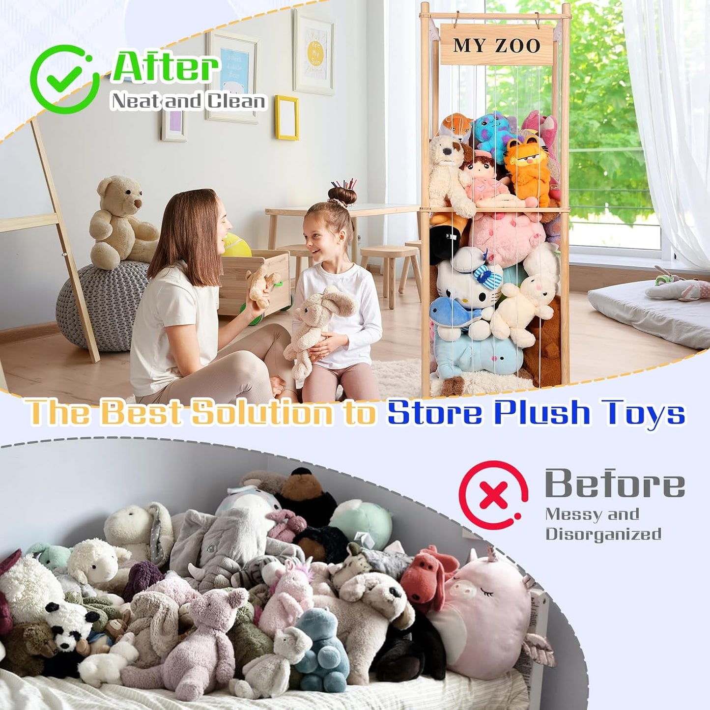 Stuffed Animal Storage Zoo, Wooden Stuffed Animal Organizer with Elastic Cords for Boys Girls, Space Saving Toy Plushies Storage Holder for Playroom, Bedroom, Living Room (Burlywood, Large)
