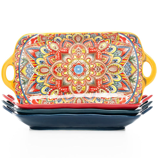 Boho Ceramic Serving Platters with Handles Set of 4, 12Inch Large Serving Dishes for Entertaining, Colorful Cute Porcelain Serving Plates for Sandwich, Appetizer, Fruit, Microwave Oven Safe Mix-color
