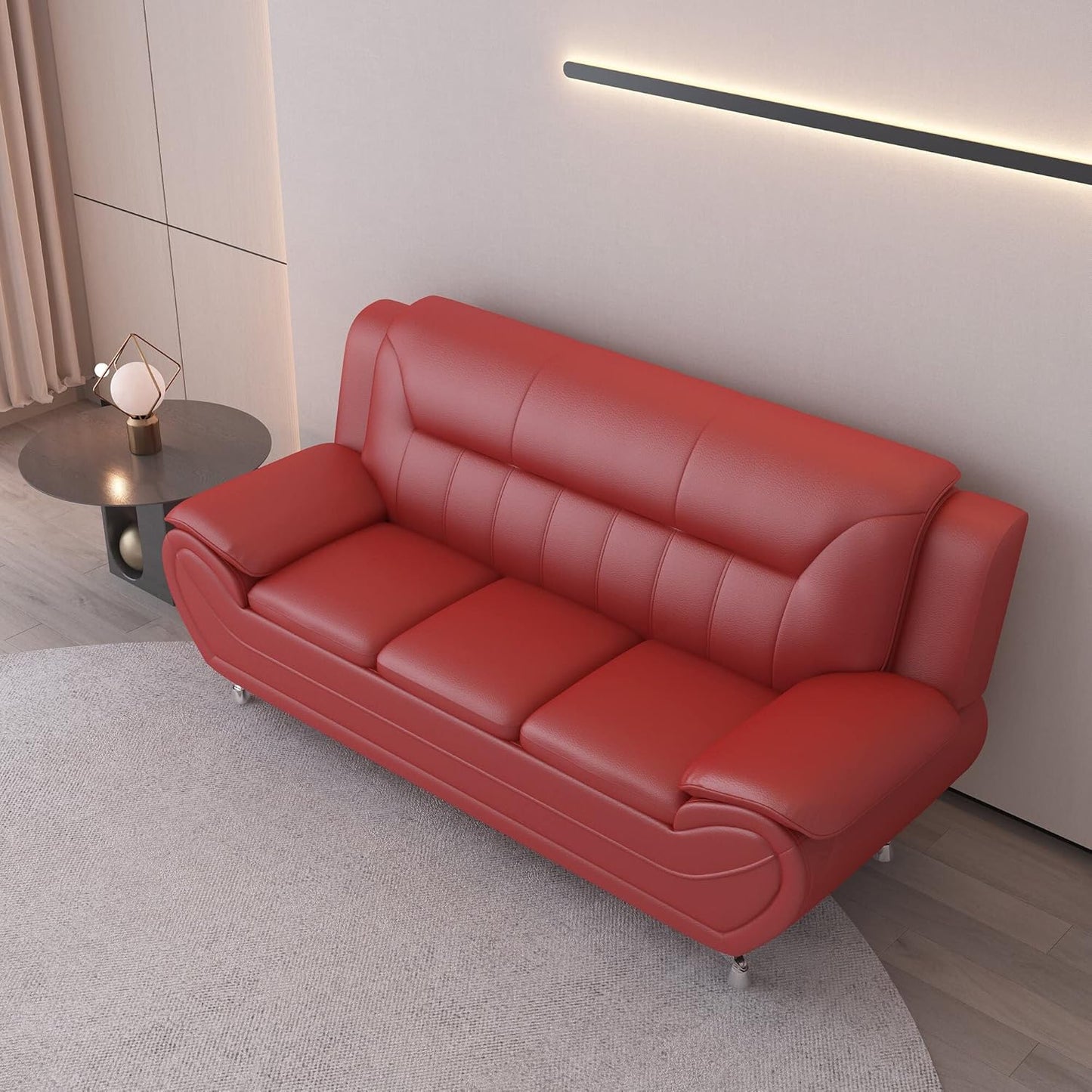 Container Furniture Direct Michael Modern Faux Leather Upholstered Stainless Steel Legs Living Room Sofa, Persian Red