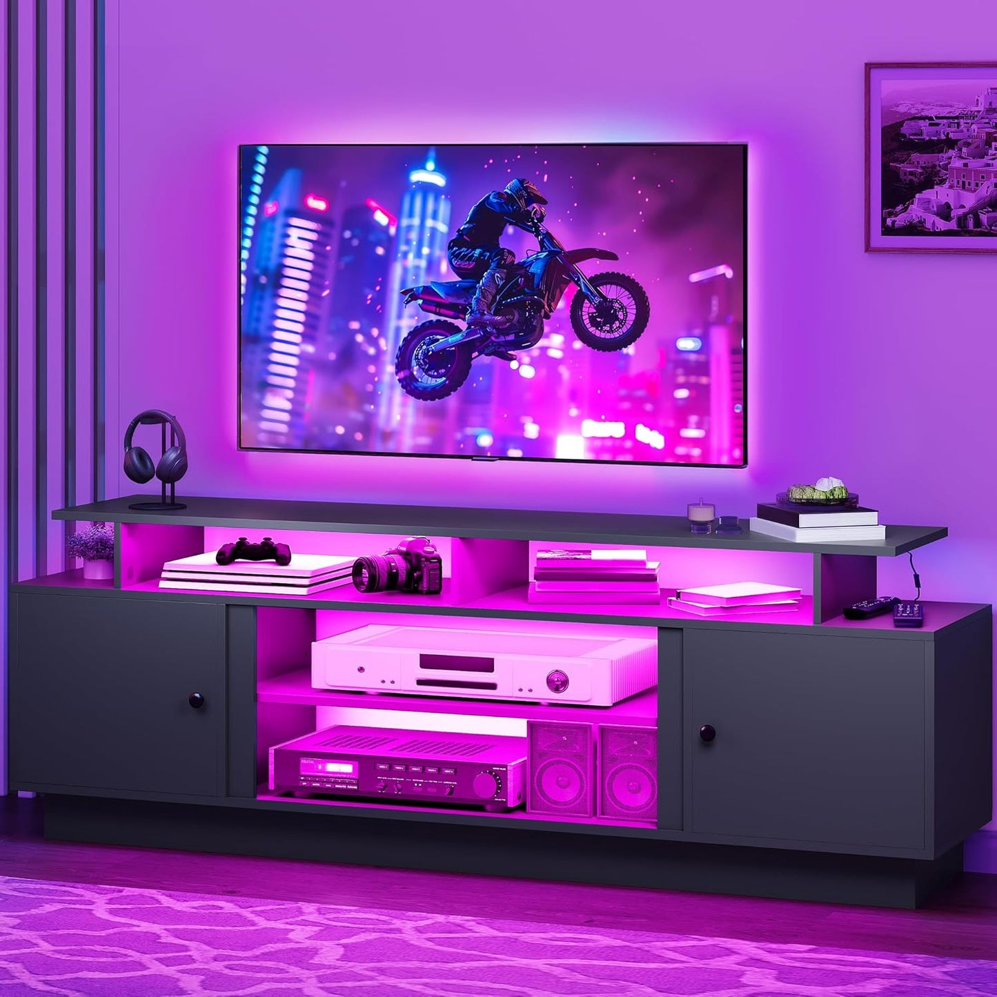 DWVO Modern TV Stand for 65/75 Inch TVs, Entertainment Center with LED Lights, TV Shelf with Storage Cabinets & Movable Partition, TV Console for Living Room, Black