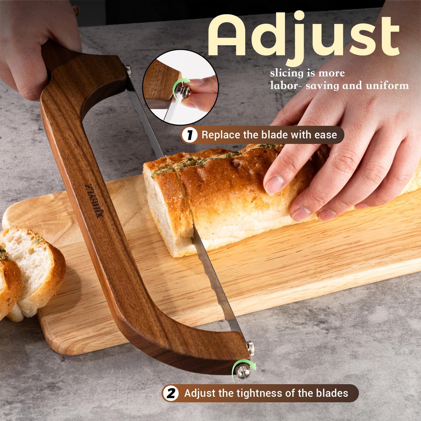 XJHEYLZ Sourdough bread knife,Bread Slicer for Homemade Bread,Adjustable blade tightness for Even Slicing, Serrated knife,Wooden Bread cutter with Bow Design (3, Red-brown color)