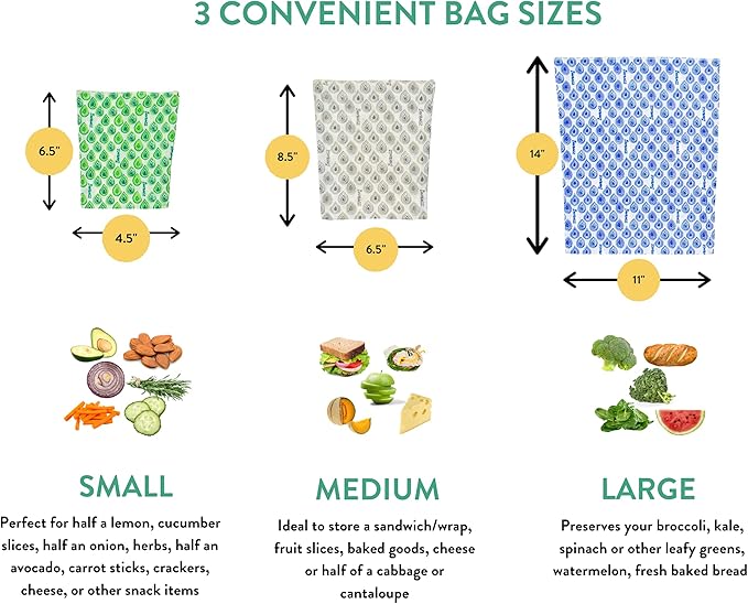 Beeswax Wrap Storage Bag, Reusable Food Storage Bags, Pack of 3, Plastic Free Biodegradable Food Wrap Alternative, Lunch Pack, 2 Small + 1 Medium (Blue)