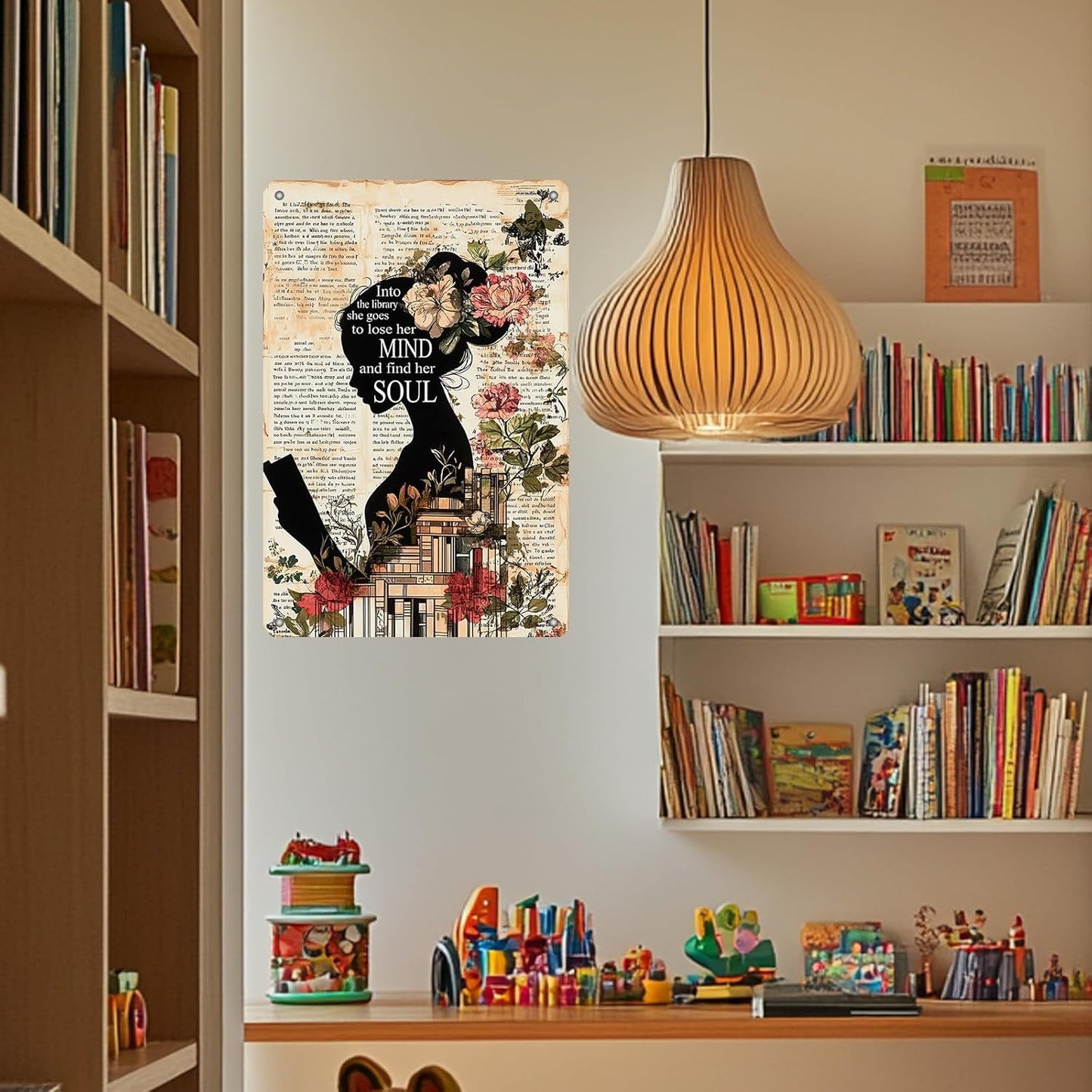 Girl Reading Book Vintage Metal Iron Tin Sign Into The Library She Goes To Lose Her Mind And Find Her Soul Retro Wall Decor Poster Home School Library Coffee Shop Club 12x8 Inch