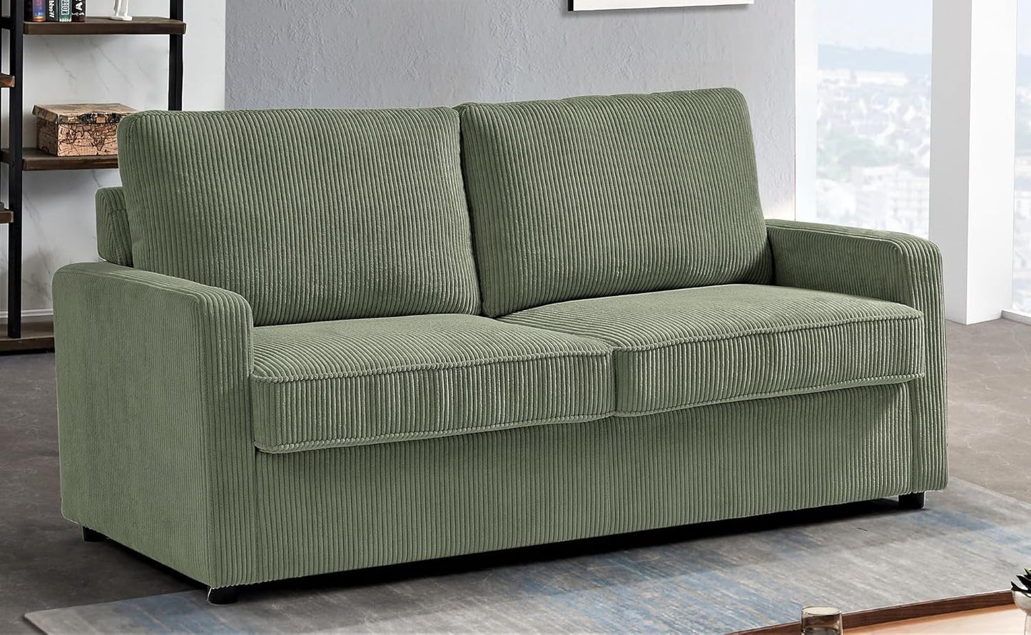 Reversible Sleeper Sofa Bed with Comfortable Memory Foam Mattress, Convertible Corduroy Full Size Pull Out Couch for Living Room, Space Saving Furniture, 70" Wide, Rectangular Arms, Dark Green