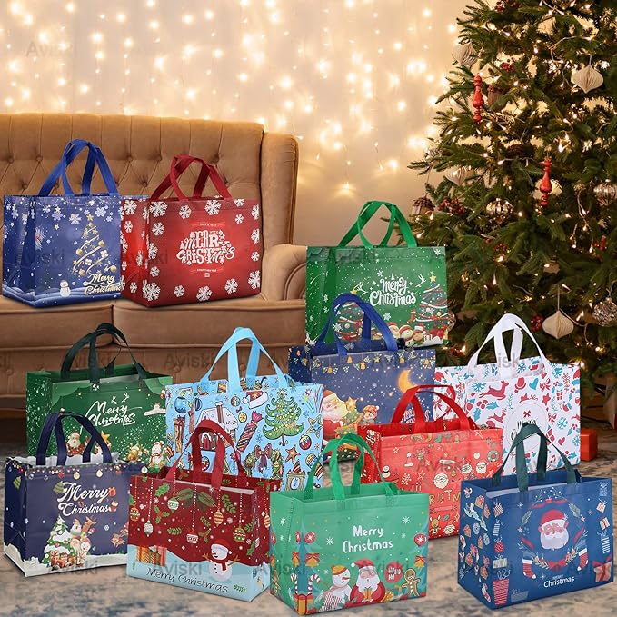 24PCS Christmas Tote Treat Non-Woven Gift Bags with Handles for Gifts Wrapping Shopping, Xmas Party Supplies, 12.8 * 9.8 * 6.7inch