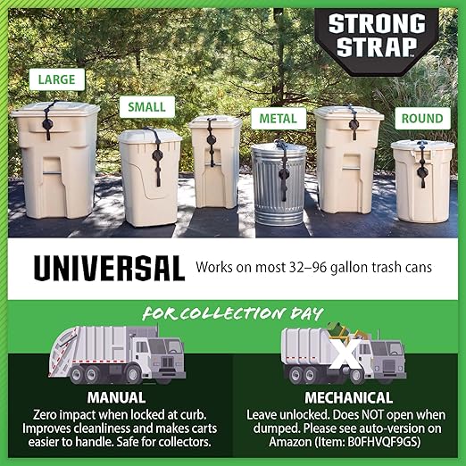 Blazer Brand Strong Strap Lid Locks for 32–96 Gallon Garbage Cans (2-Pack) Long Lasting, No Tools Required, Stretch to Latch, Mitigate Pests, Wind, Overflow, and Spillage