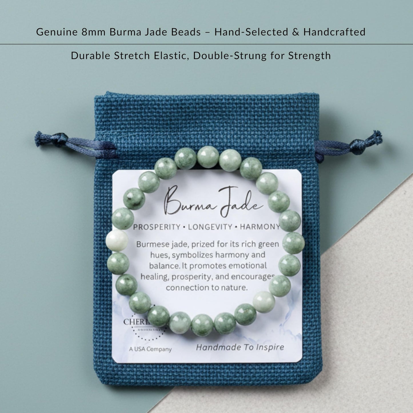 Cherry Tree Collection Burma Jade Bracelet – Handmade 8mm Natural Jadeite Beaded Stretch Bracelet for Men & Women – Healing, Protection & Positive Energy – Unisex Jewelry, Gift-Ready - (Medium)