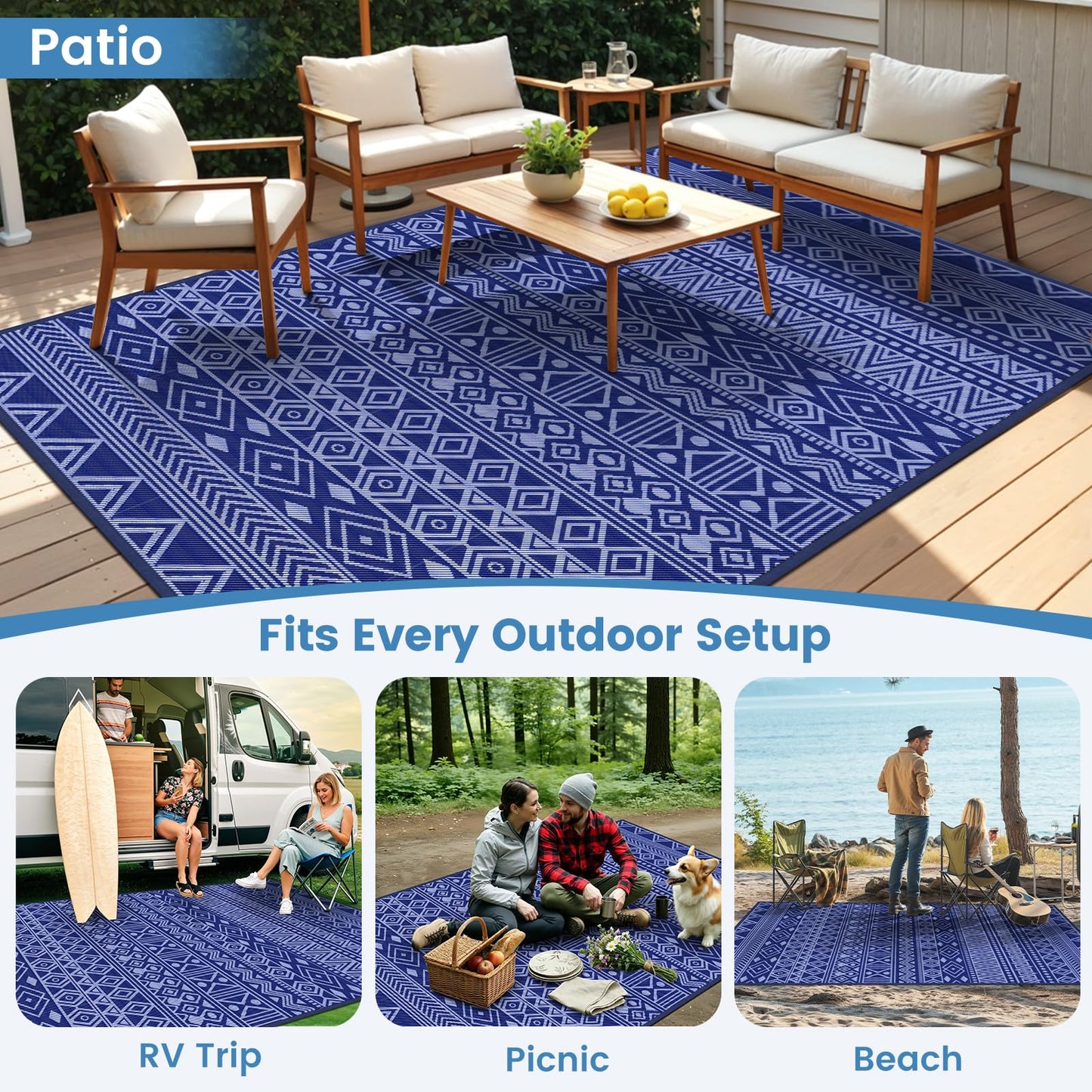 StepTastic Outdoor Rug 5x8 ft Waterproof, Reversible Plastic Straw Rug, Patio Rug, Outdoor Area Rug for RV Camping, Porch, Deck, Balcony, Backyard, Picnic, Beach, Garden, Camper, Blue & White