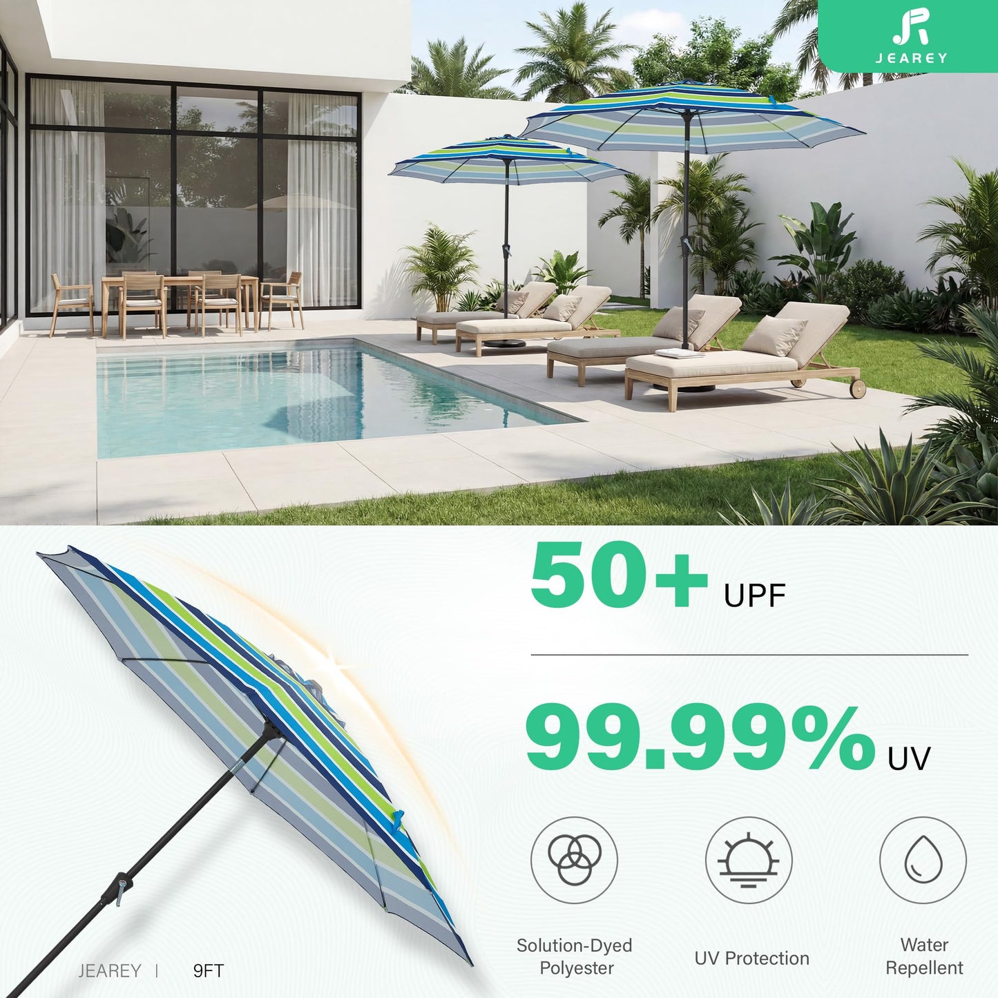 JEAREY 9FT Outdoor Patio Umbrella,Market Table Umbrella with 8 Fiberglass Ribs, Pool Umbrella with Tilt and Crank, UV Protection Lightweight & Wind-Resistant for Lawn, Garden, Deck and Backyard, Blue-Green Stripe