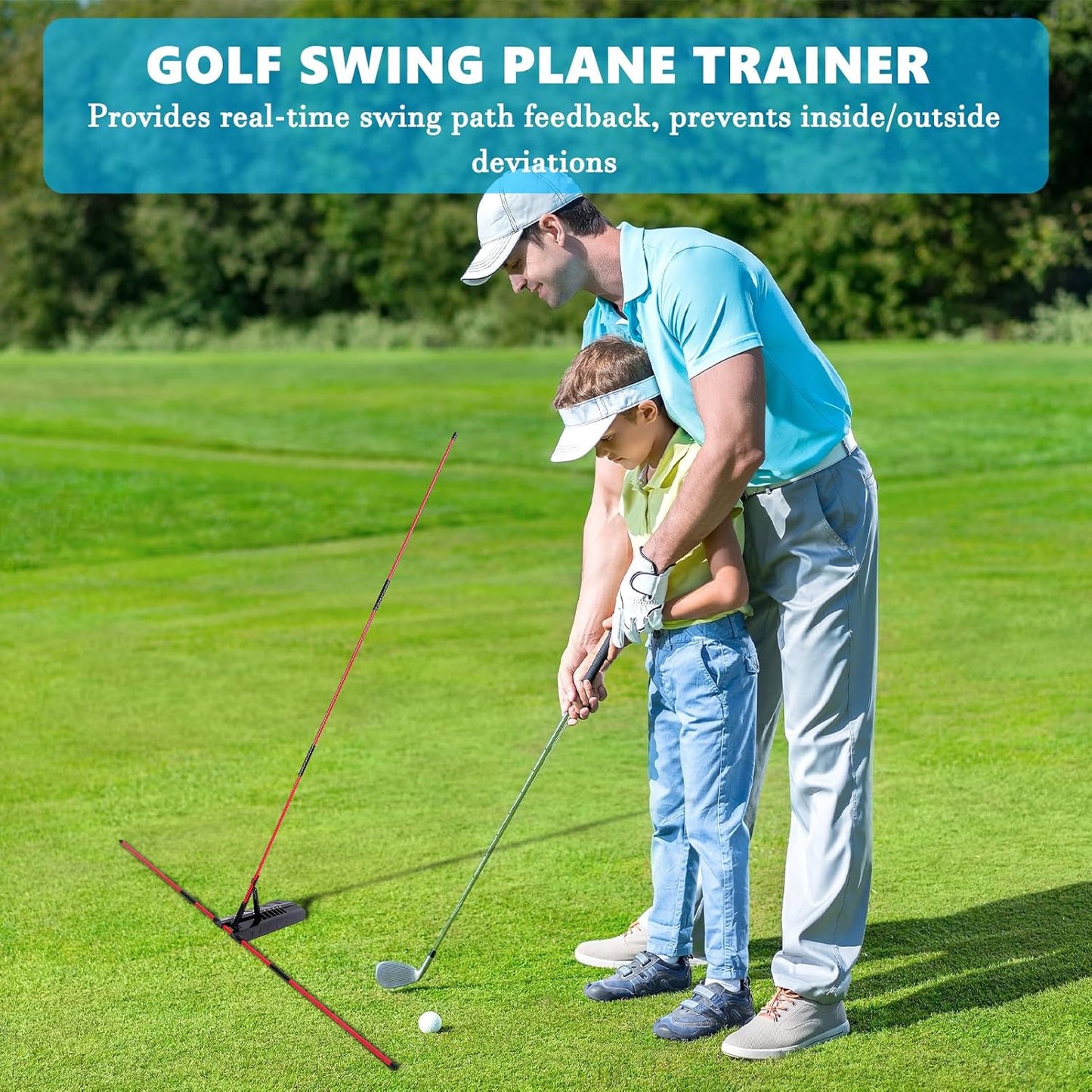 Golf Alignment Stick Holder, Golf Swing Plane Trainer with 7 Adjustable Angles for Aiming, Putting, Full Swing Trainer, Posture Corrector Golf Swing Trainer with Metal Sticks