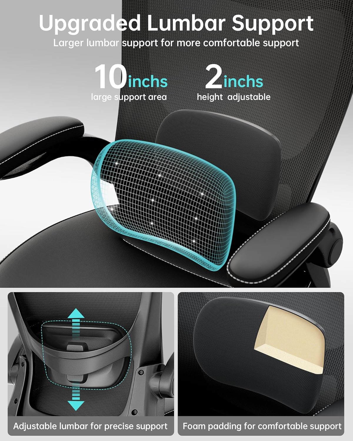 Office Chair, PU Leather Ergonomic Desk Chair with Adjustable Lumbar Support and Flip up Armrest, Breathable Mesh Computer Chair for Home Office, Black