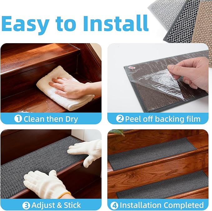 Art3d Stair Treads for Wooden Steps 15Pcs, 8" X 30" Non Slip Stair Runner Rugs with Reusable Adhesive for Elders Kids and Dogs, Machine Washable Peel and Stick Stair Treads Carpet, Black