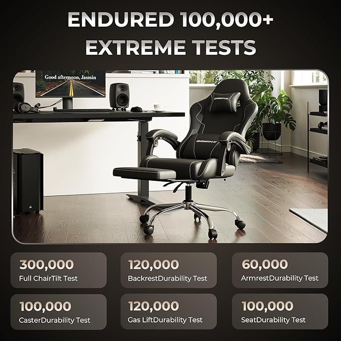 Gaming Chair with Footrest & Massage Lumbar, Ergonomic Computer Chair 330lbs with Headrest Pillow for Office, Home, Streaming and Long Gaming Sessions,Dark Black