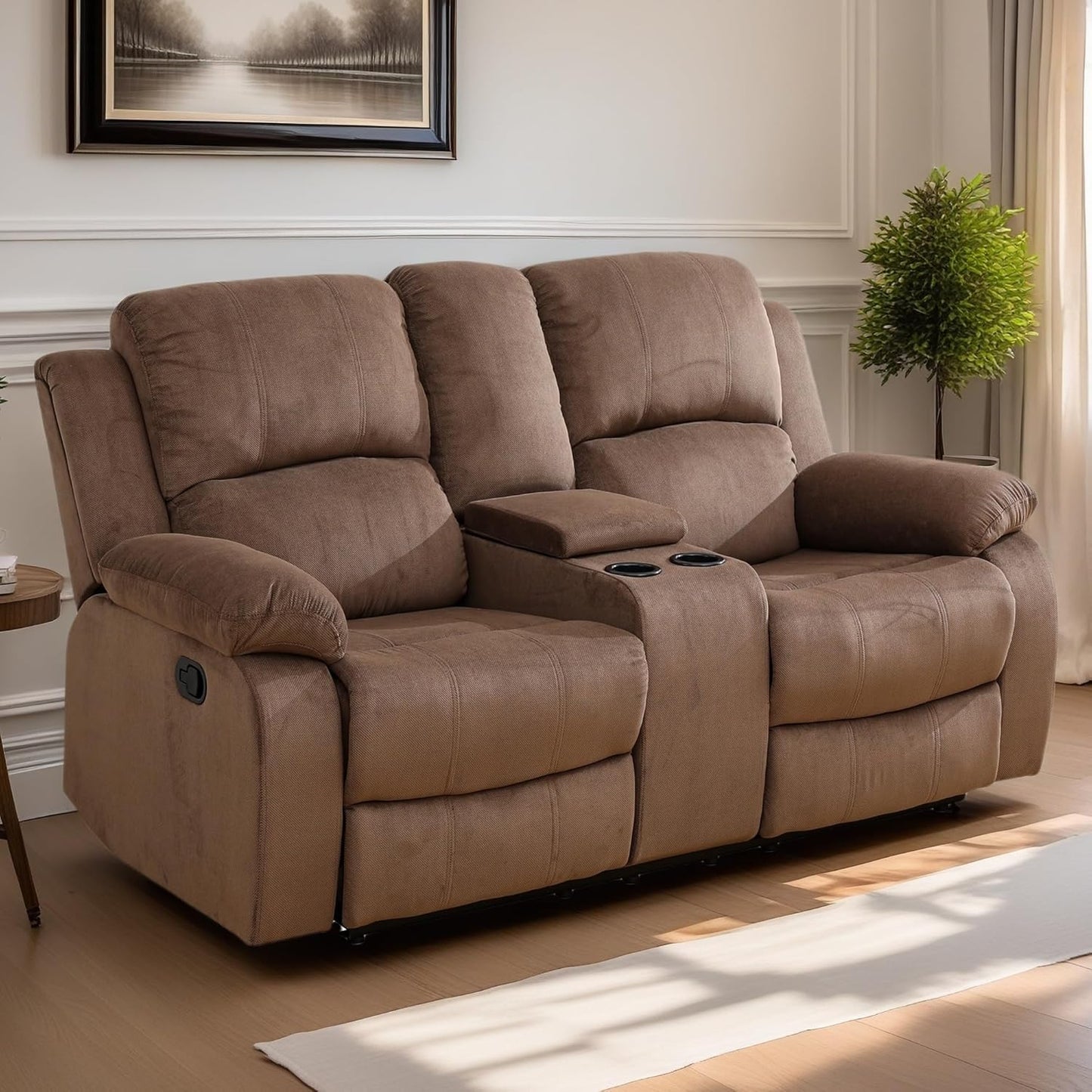 Loveseat Recliner Sofa, Reclining Loveseat Couch with Storage Console, Modern Comfy Home Theater Seating Power Recliner Chair with Cup Holders for Living Room Furniture Sets, Brown