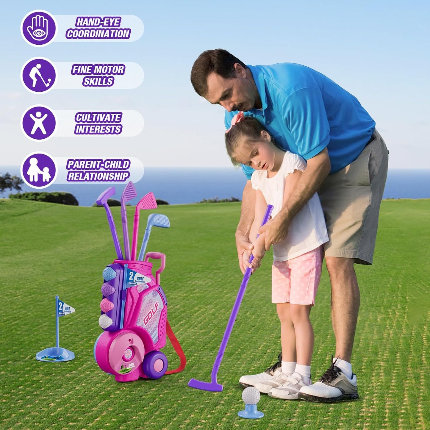 Toddler Golf Set 2-4 Years, Upgraded Kids Plastic Golf Clubs with 12 Balls, Putting Mat, Shoulder Strap, Indoor Outdoor Game Sport Toys Gift for Baby Boys Girls Aged 3-5, Pink