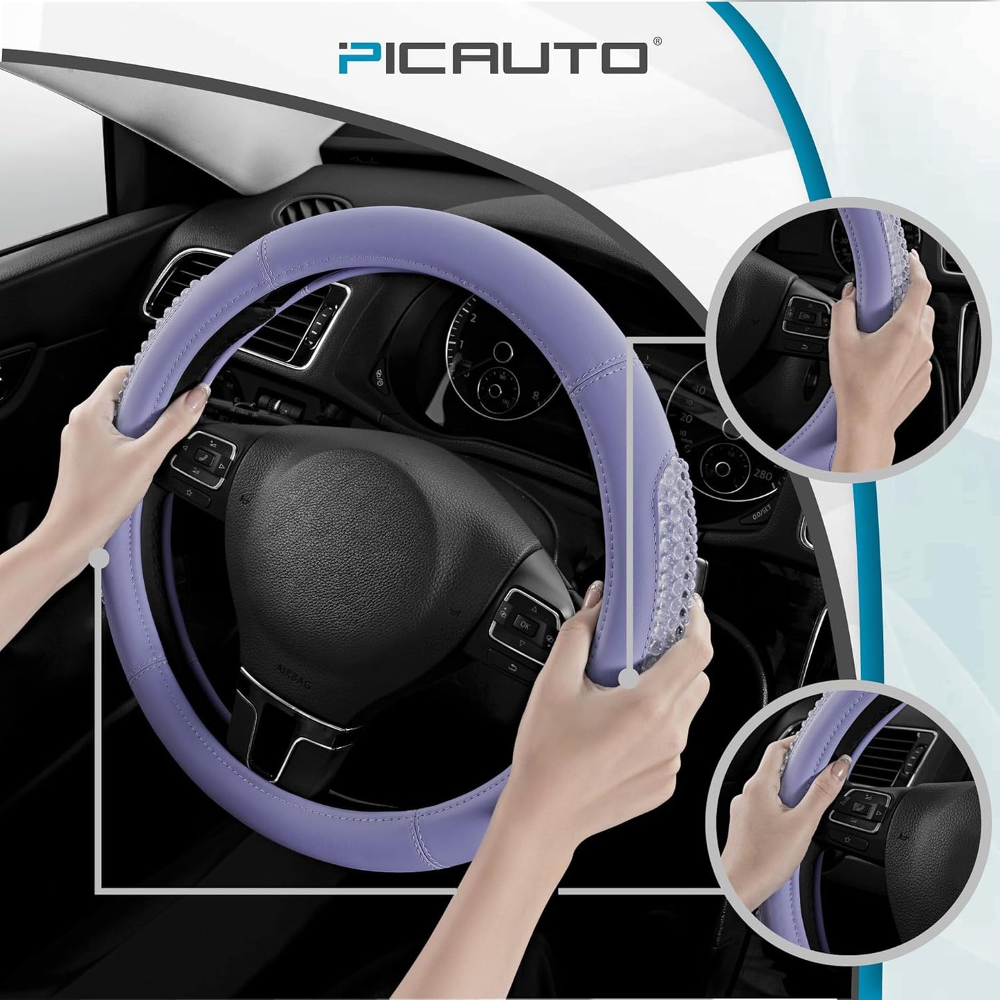 PIC AUTO Steering Wheel Cover, Glitter Gel Particles & Purple Luxury Leather Car Steering Cover, Universal Fit 14.5"-15.5" Anti-Slip Car Wheels Cover for Girls & Women