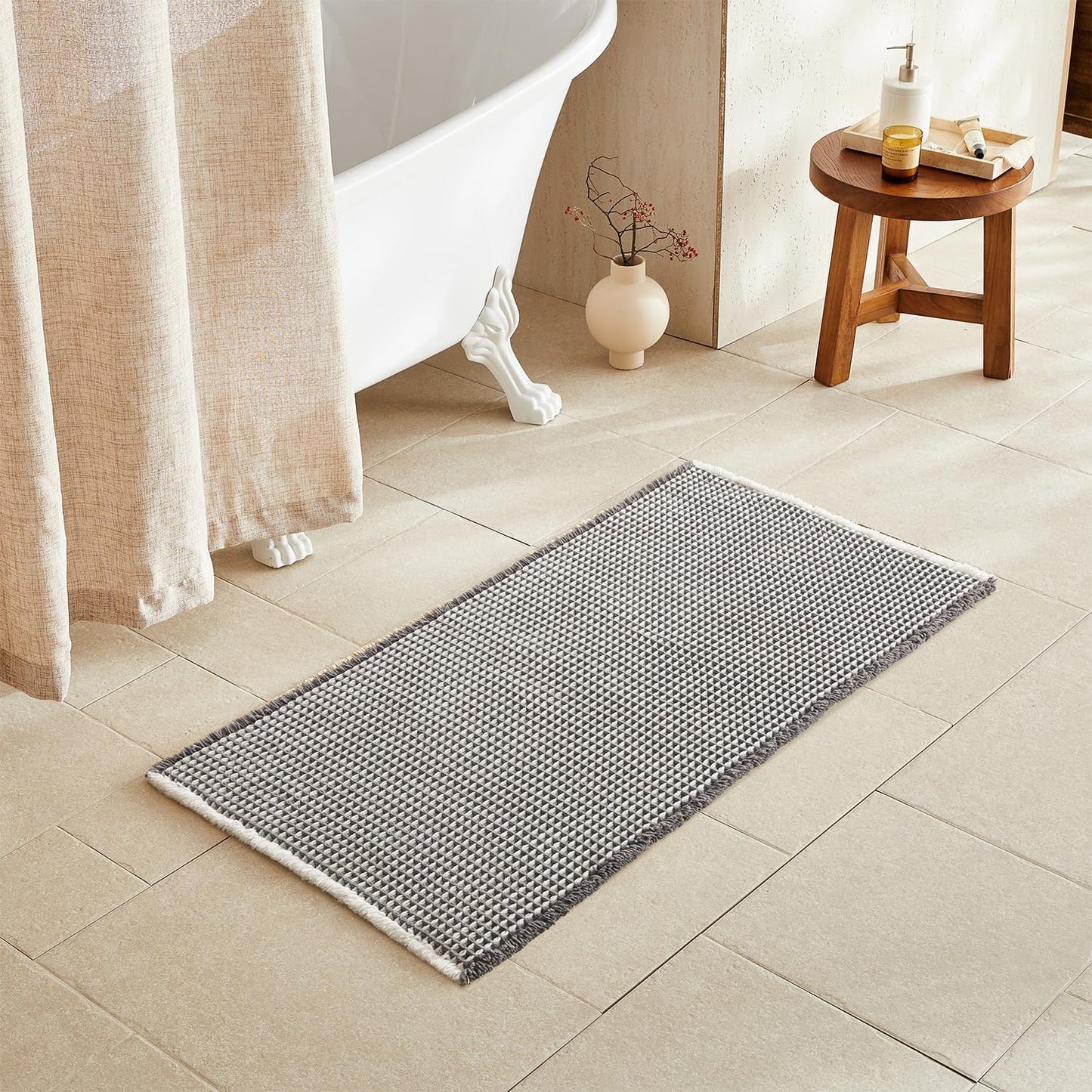 Waffle Bath Mat, Boho Bathroom Rugs Non Slip Washable Super Absorbent Quick Dry Bath Mat Farmhouse Bathroom Decor, 48"x24" Grey and White