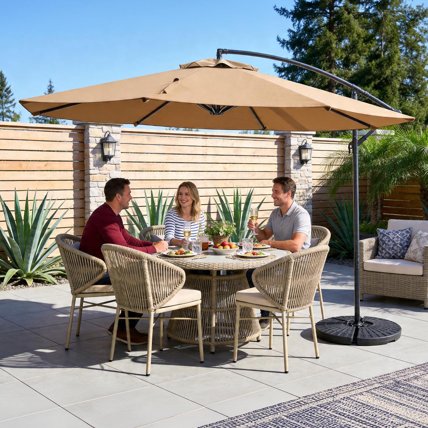 MAKE CHANGES 10FT Patio Umbrella, Cantilever Outdoor Umbrella with 360° Rotation & Tilt Adjustment, Offset Patio Umbrella with UV-Resistant Waterproof Canopy for Backyard, Pool, Garden, Khaki