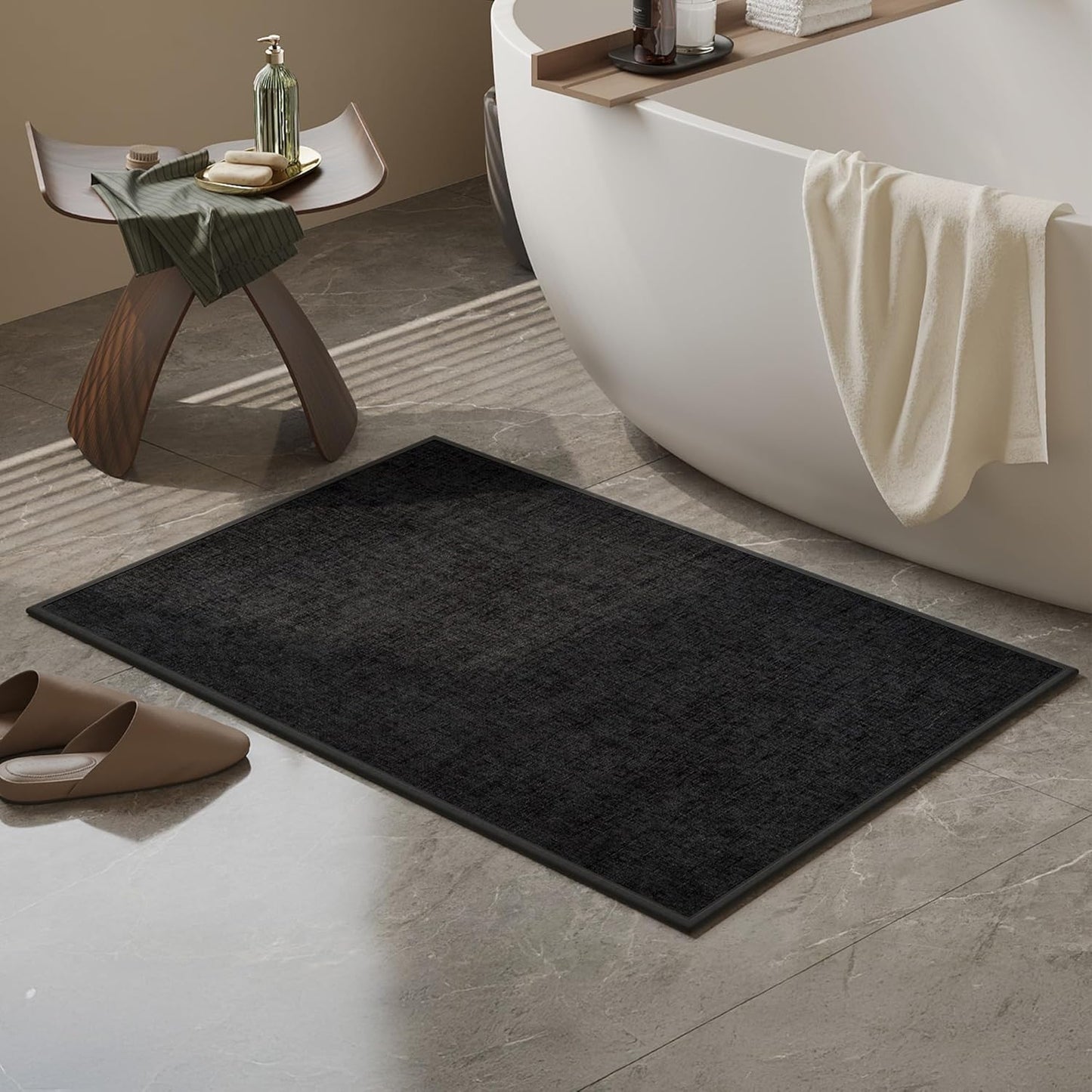 Mecko Bath Mat, Ultra Absorbent Quick Dry Bathroom Floor Mats-Rubber Non-Slip Thin Bathroom Rug Fit Under Door, Cozy Cloth Surface Shower Rug for Bathtub, Sink, Shower Room(Black,16"x24")