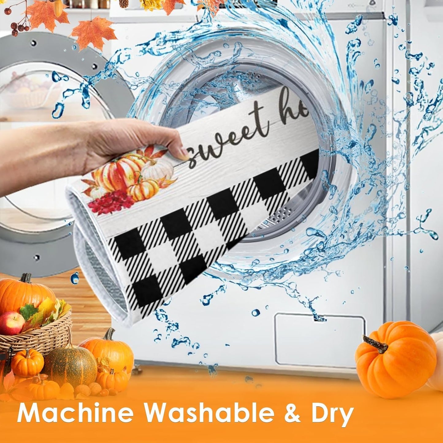 Sanwarm Absorbent Dish Drying Mat, Autumn Pumpkin Flower Microfiber Pad for Kitchen Counter, Fall Home Sweet Home for Coffee Bar Decor, Heat Resistant and Reversible, 16" x 18"