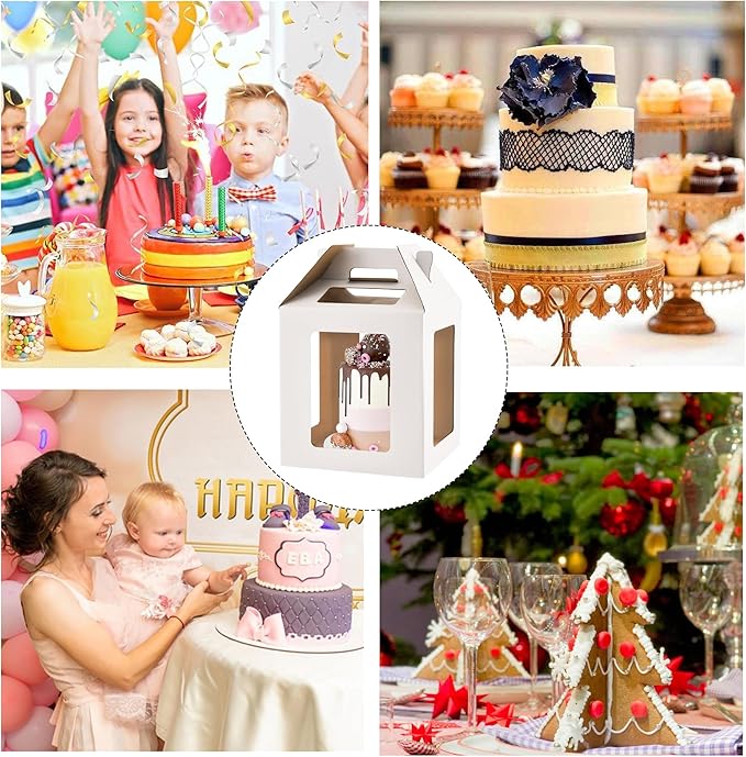 Tall Cake Boxes 6 Windows with handle,10x10x10 Tall Cake Carrier, Tiered Cake Box, Square cake box,largeTake Out Transport Containers Ideal for 10" & 12" Tiered Cakes (2Pack-White)