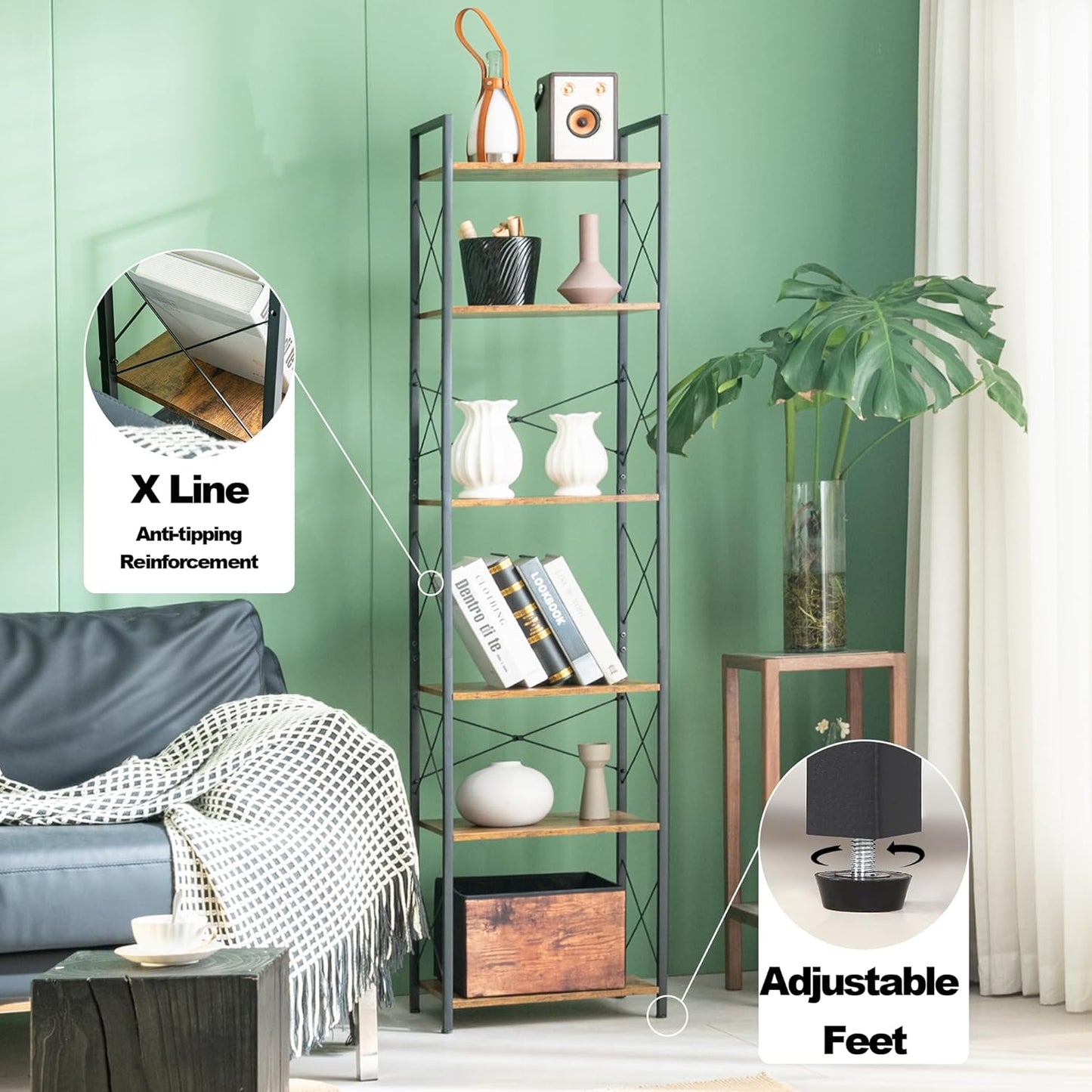 HCHQHS Narrow Bookshelf, Adjustable 6-Tier Industrial Bookcase, Rustic Open Book Shelf, Freestanding Tall Bookshelves with Metal Frame