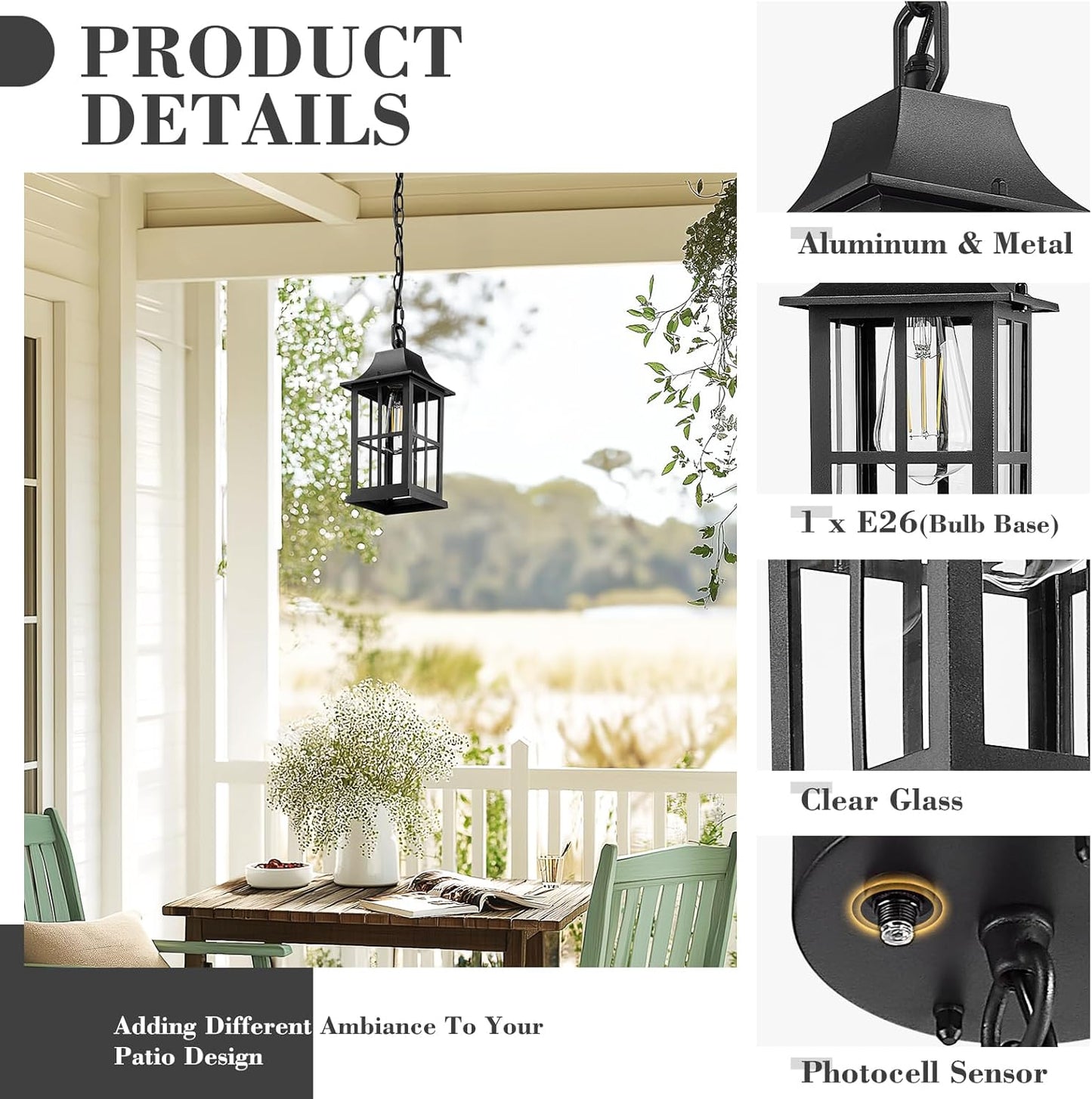 Emliviar 10.6" Dusk to Dawn Outdoor Pendant Light, Black Hanging Porch Light with Clear Glass Shade, Weatherproof Ceiling Lamp for Patio, Auto On/Off, YXE306H-PC BK
