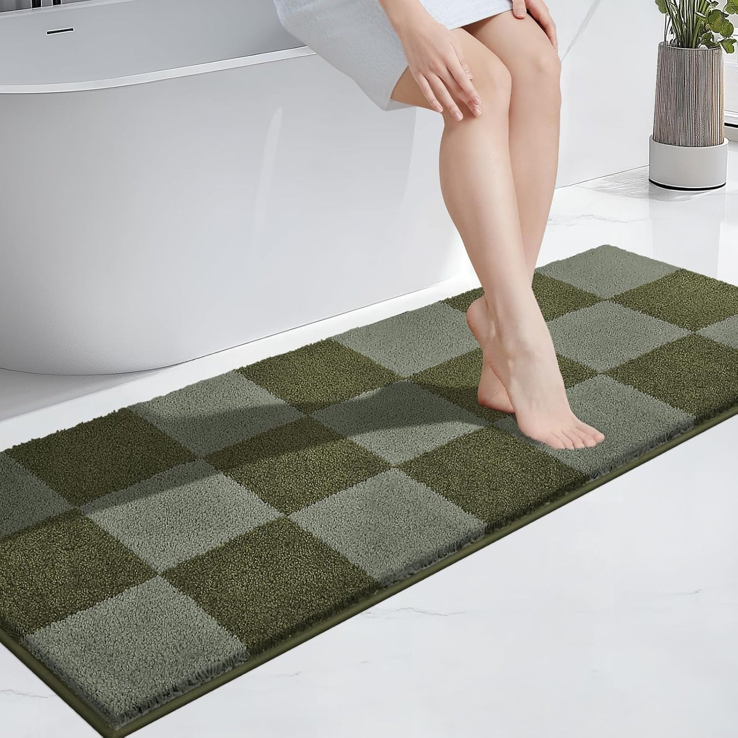 PURRUGS Bathroom Rug Non-Slip Machine Washable 24" x 60", Super Absorbent and Quick-Dry Bath Mat, Extra Soft and Plush Bath Rug for Shower, Bathtub and Sink, Sage Green & Olive Green