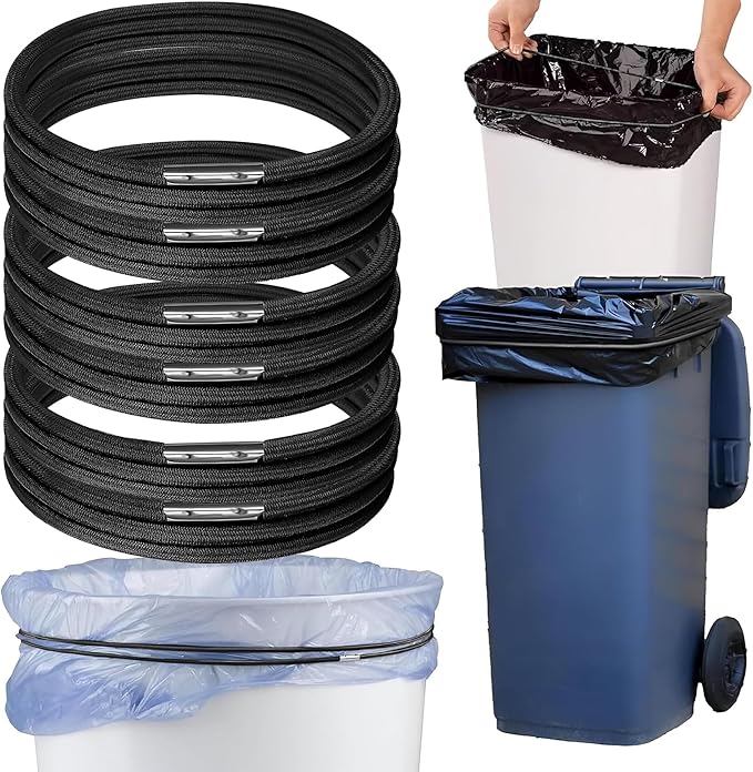 Trash Can Rubber Bands Set of 6 - Elastic Garbage Can Bands with Metal Connector, Fits 13 to 33 Gallon Trash Bags - Gripper Trash Can Bands for Waste Baskets, Black