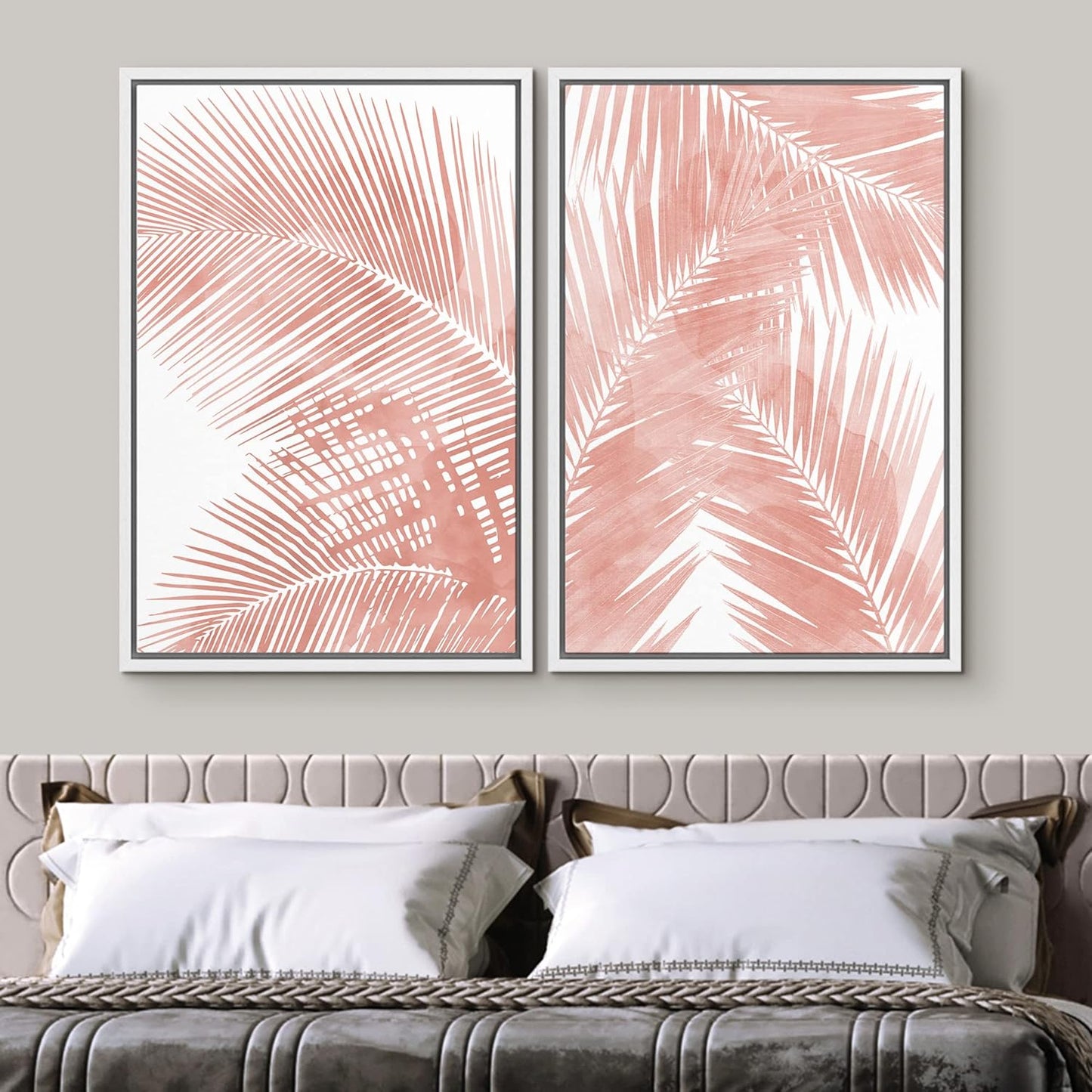 SIGNWIN Framed Canvas Print Wall Art Set Tropical Red Pastel Palm Leaf Plants Nature Wilderness Illustrations Modern Art Decorative Rustic Chic for Living Room, Bedroom, Office - 16"x24"x2 White