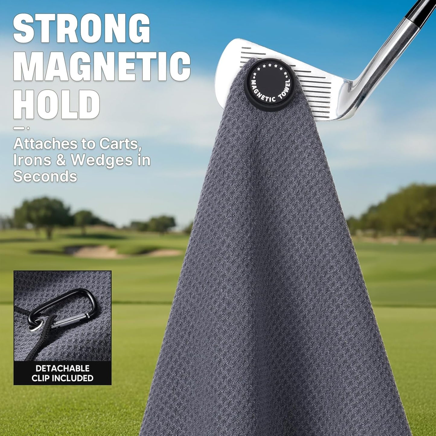 She's Pink Magnetic Golf Towel with Clip, 16"x16" Microfiber Waffle Weave, Quick-Dry Lint-Free Club & Ball Cleaning Cloth, Strong Magnet for Cart/Clubs, Grey, 1 Pack