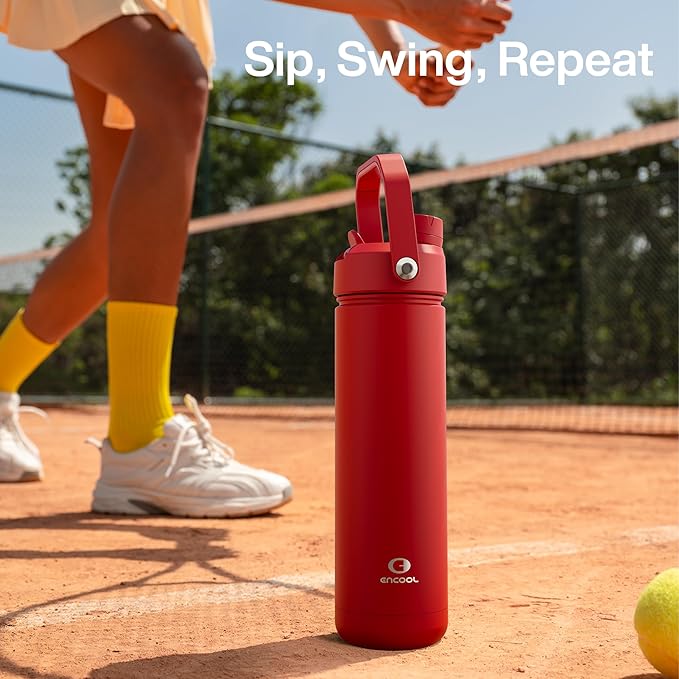 ENCOOL Insulated Water Bottle with Straw Stainless Steel Water Bottle, Leak-Proof, BPA-Free, Double Wall Vacuum Keeps Cold for 24 Hours for Sports, Travel, School (32 oz, Medium Carmine)