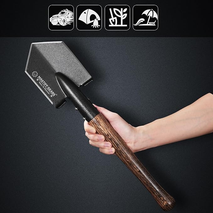 MASTIFF GEARS Tactical Survival Shovel - 48.5cm/19in, Axe/Machete Replacement, HRC 42-48 1050 Steel Spade, Hand-Carbonized Hardwood Handle & MOLLE Sheath for Camping Hiking Off-Roading Emergency