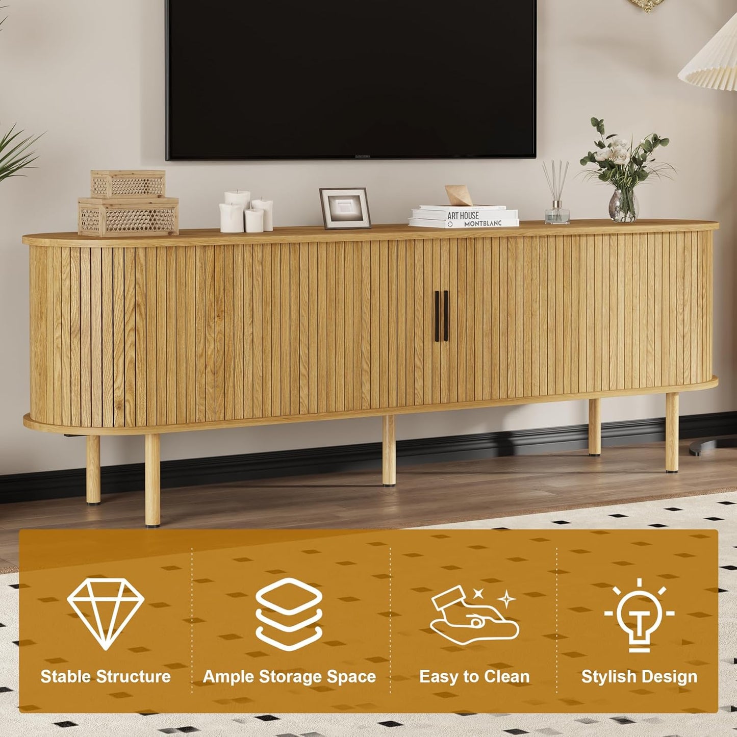 GarveeHome 70.1" TV Stand, Modern TV Console Table with Storage Compartment and Sliding Door, Gaming Entertainment Center with Cabinet for Living Room, Bedroom, Office, Oak