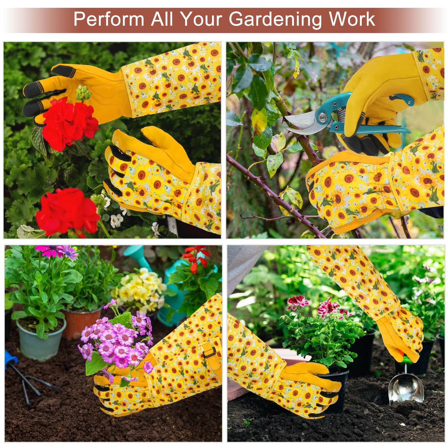 DLY Gardening Gloves for Women, Rose Gloves Gardening Thorn Proof, Long Garden Gloves for Women, Breathable Cowhide Leather Gauntlet (Medium, Yellow