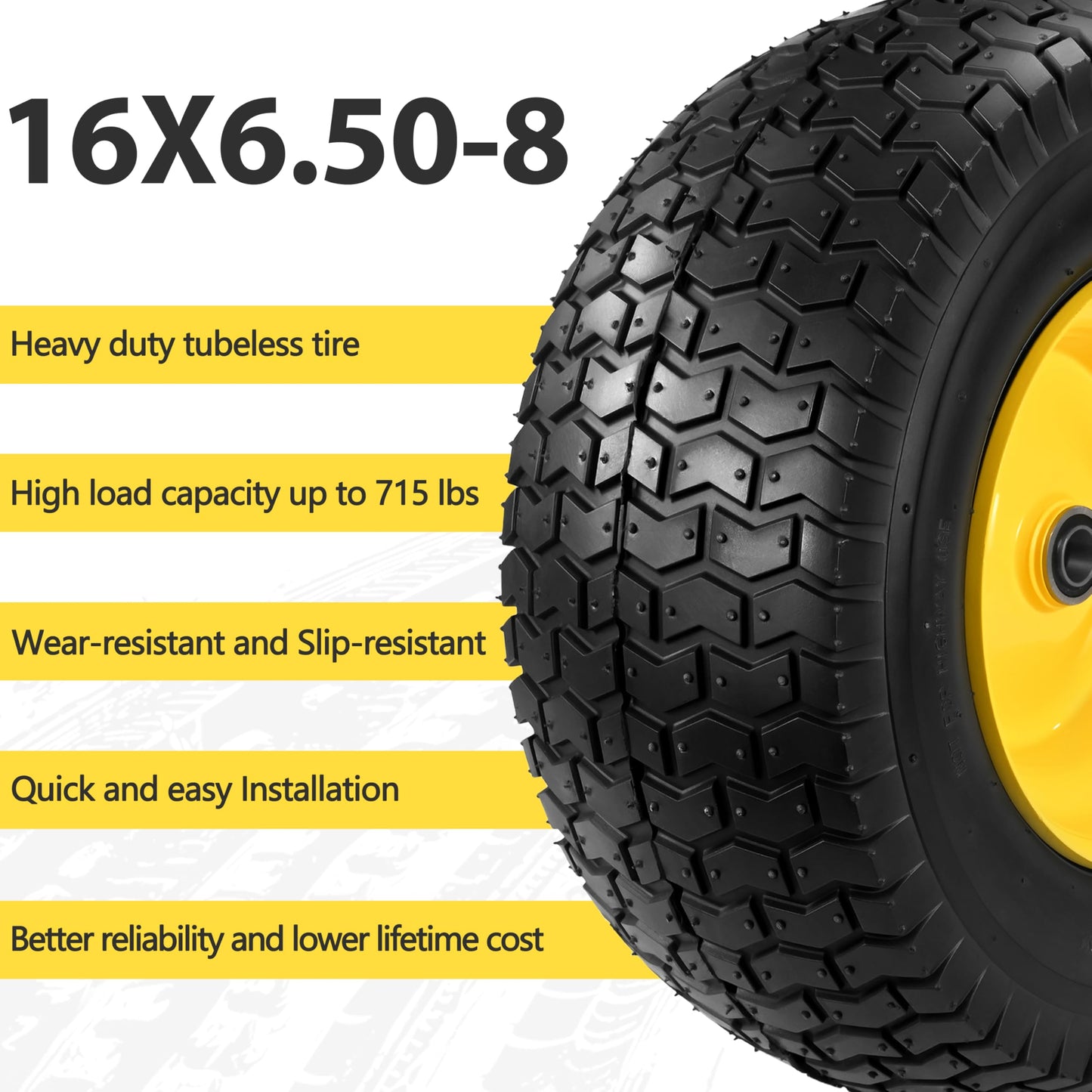 2 Pcs 16x6.50-8 Tubeless Lawn Mower Tire and Wheel, 16x6.5-8 Lawn Mower Tire, with 3/4" Bearing (extra 1" Bushing), 3-5" Offset Hub, 4-Ply Tubeless, 35 PSI, Fits Riding Mower & Lawn Tractors, 715 lbs