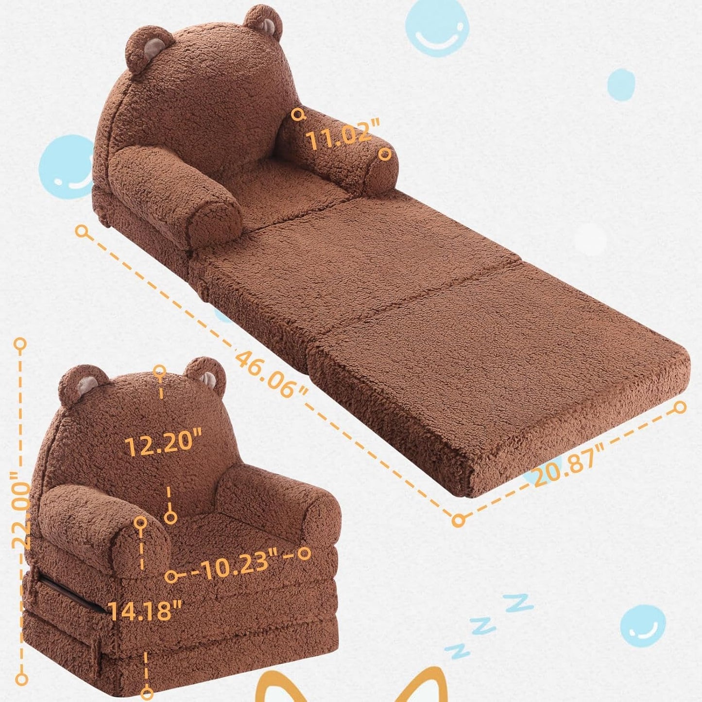 Foldable Kids Sofa, Sherpa Teddy Bear Toddler Couch with Tri Folding Foam Cushions, Comfy Couch for Kids Age 18 Months and Up