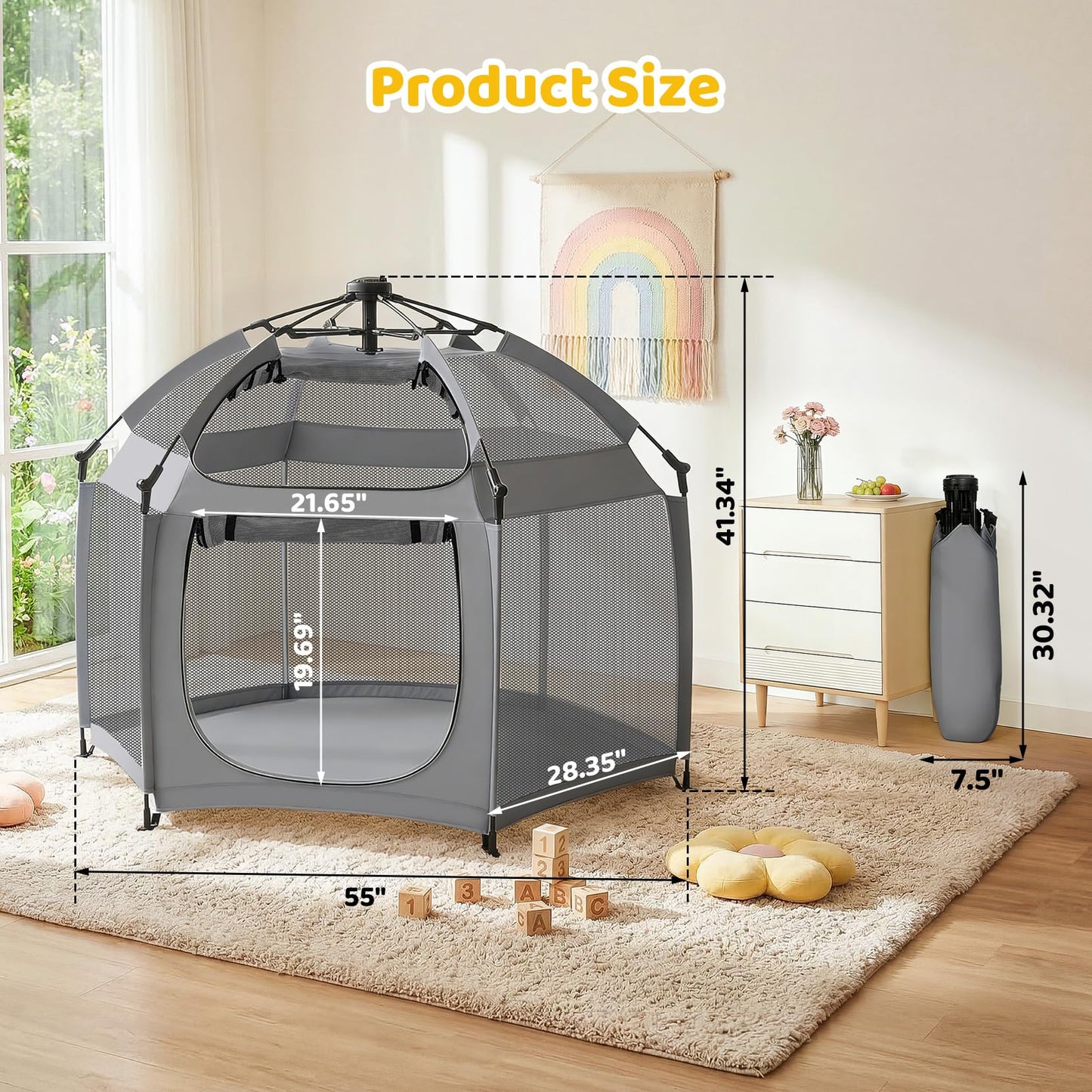 Dripex Pop Up Playpen for Babies and Toddlers with Built-in Pad & One-Click Safe Lock,Foldable Indoor/Outdoor Playpen with Roll-Up Door &Top Mesh Window, Portable Travel Play Pen &Baby Beach Tent,Grey